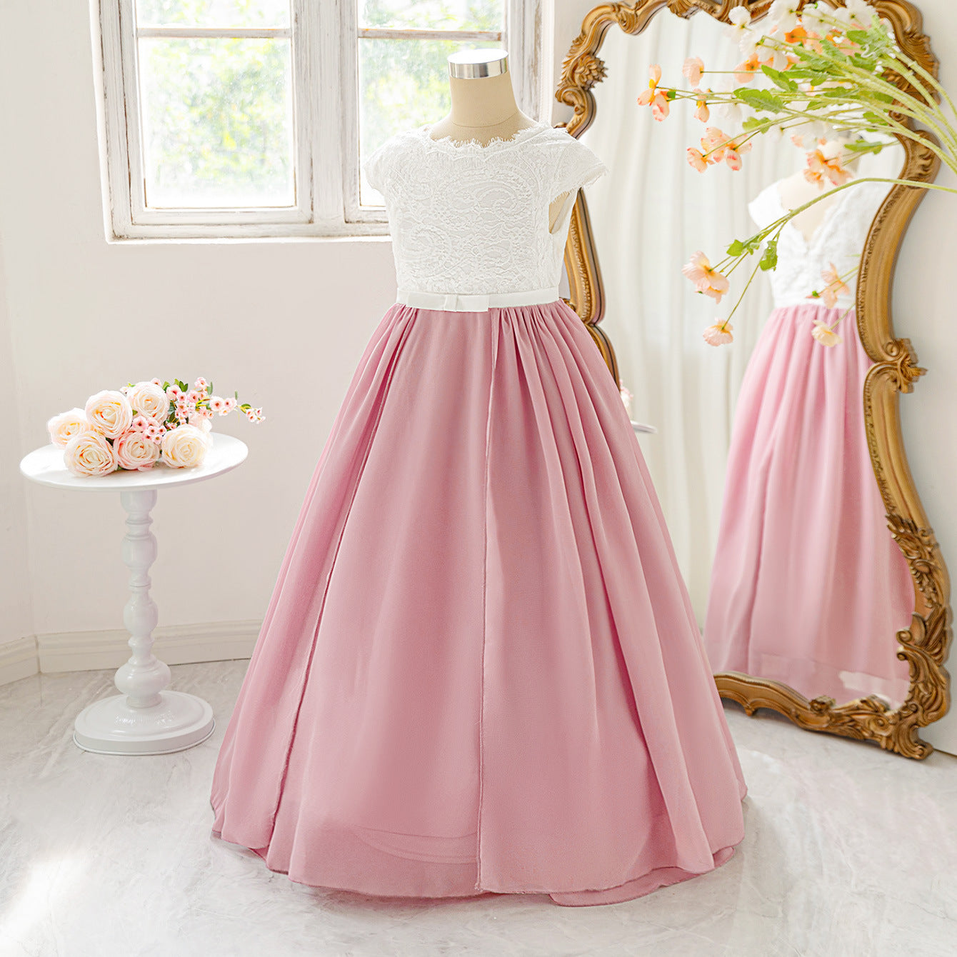 Cute Pink Lace Maxi Dress for Girls | Flutter Sleeve Chiffon Princess Gown