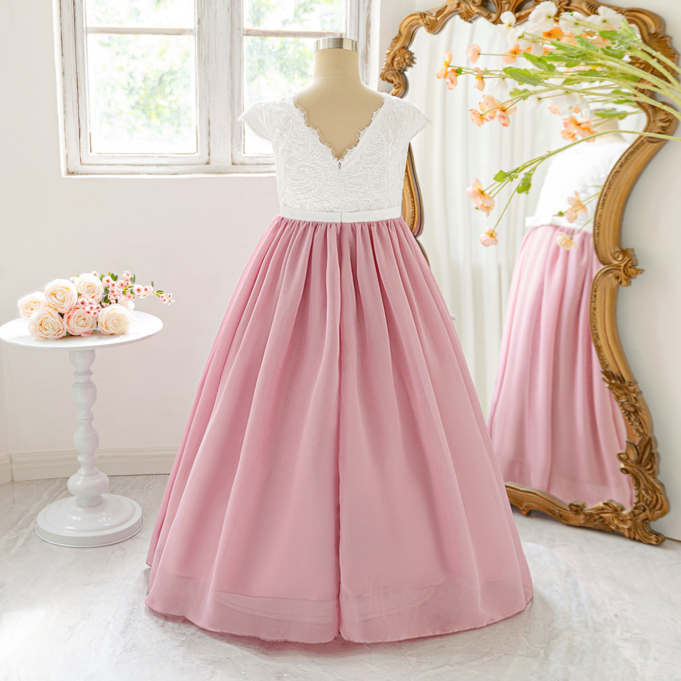 Cute Pink Lace Maxi Dress for Girls | Flutter Sleeve Chiffon Princess Gown