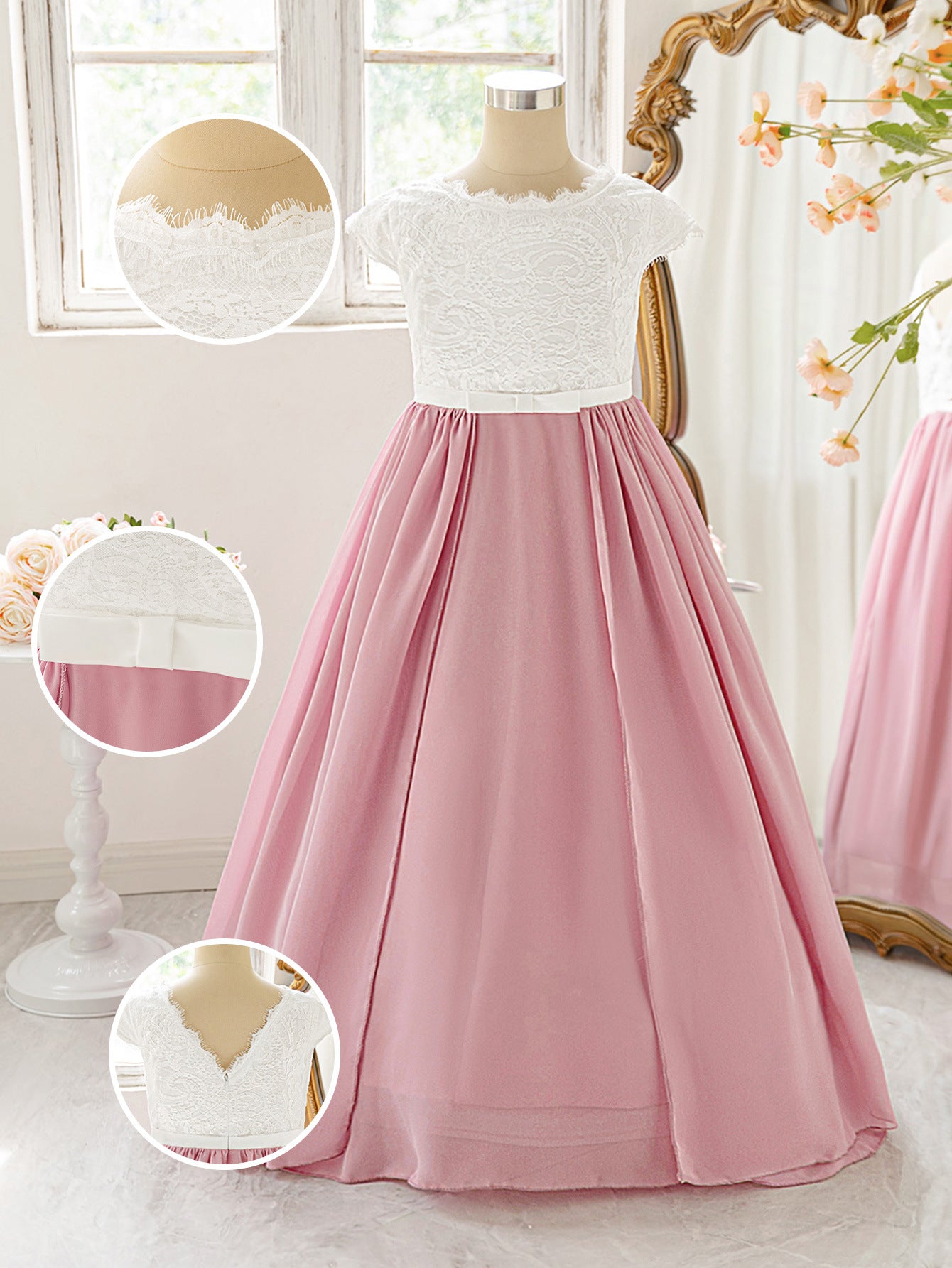 Cute Pink Lace Maxi Dress for Girls | Flutter Sleeve Chiffon Princess Gown