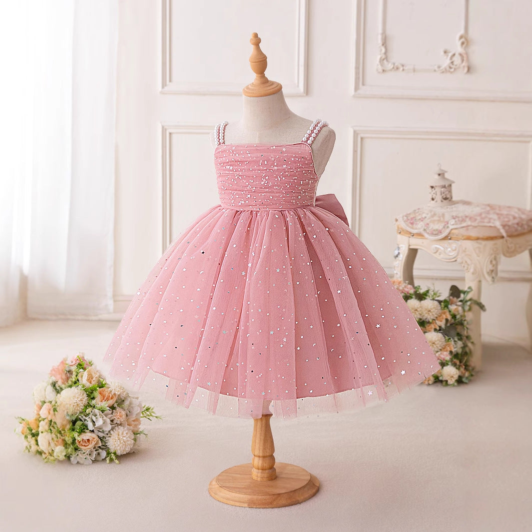 Pink Off-Shoulder Sequin Tulle Princess Dress for Girls, Tea Length Party Gown