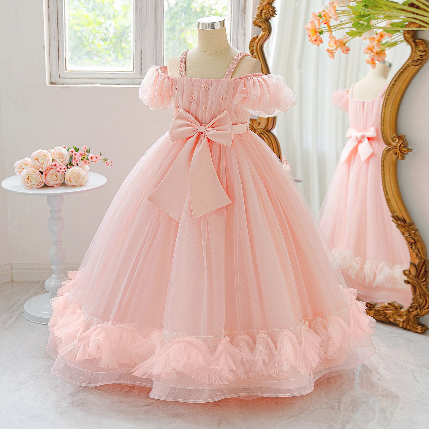 Light Pink Off-Shoulder Tulle Princess Dress for Girls | A-Line Maxi Formal Gown
