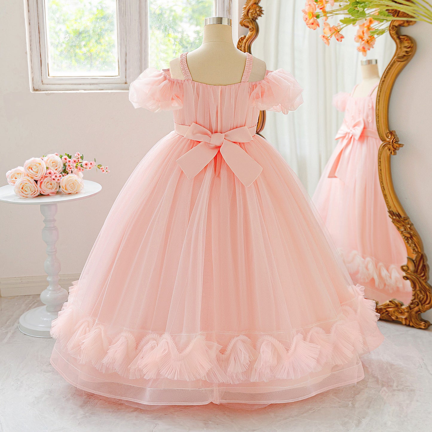 Light Pink Off-Shoulder Tulle Princess Dress for Girls | A-Line Maxi Formal Gown