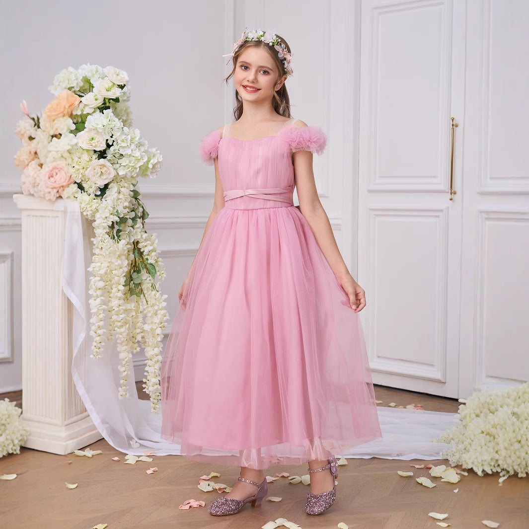 Pink Puff Sleeve Tulle Dress for Girls | Off Shoulder A-Line Tea Length