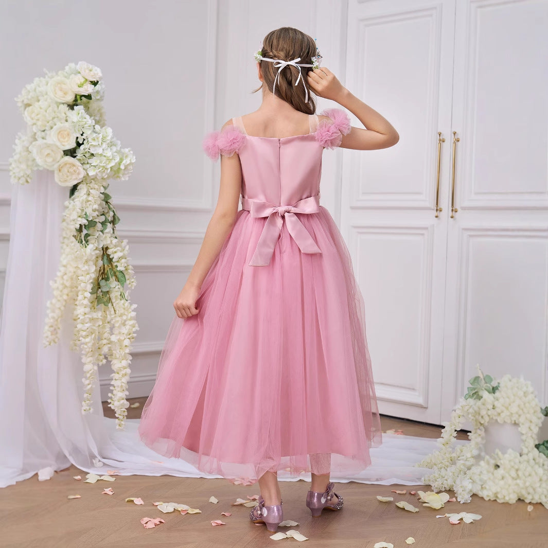 Pink Puff Sleeve Tulle Dress for Girls | Off Shoulder A-Line Tea Length