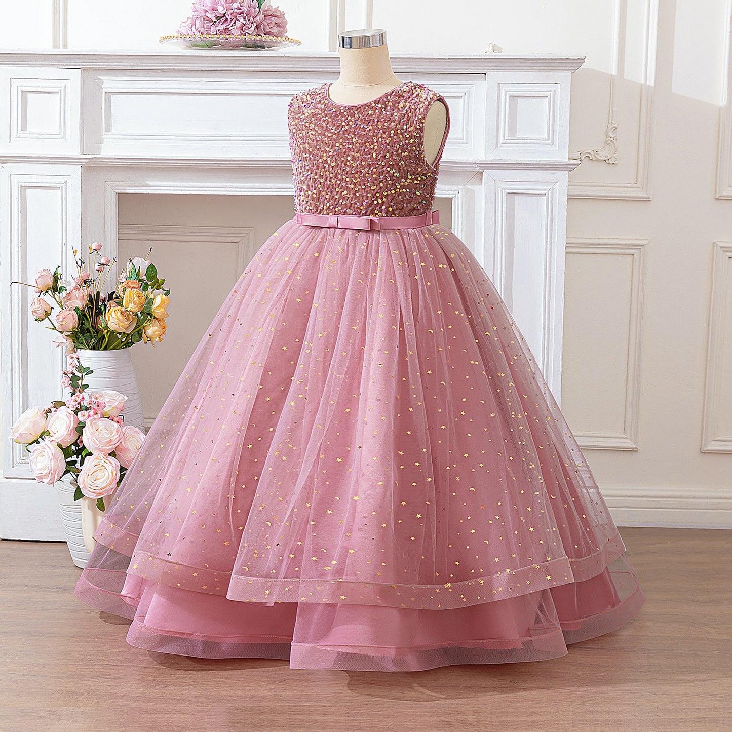 Girls Pink Sequin Maxi Dress – Cute A-line Flower Girl & Party Gown
