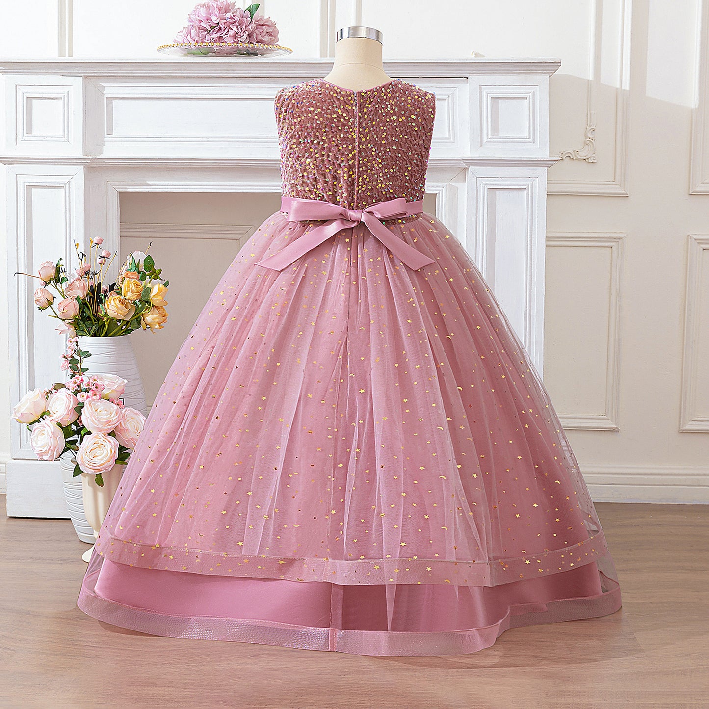 Girls Pink Sequin Maxi Dress – Cute A-line Flower Girl & Party Gown
