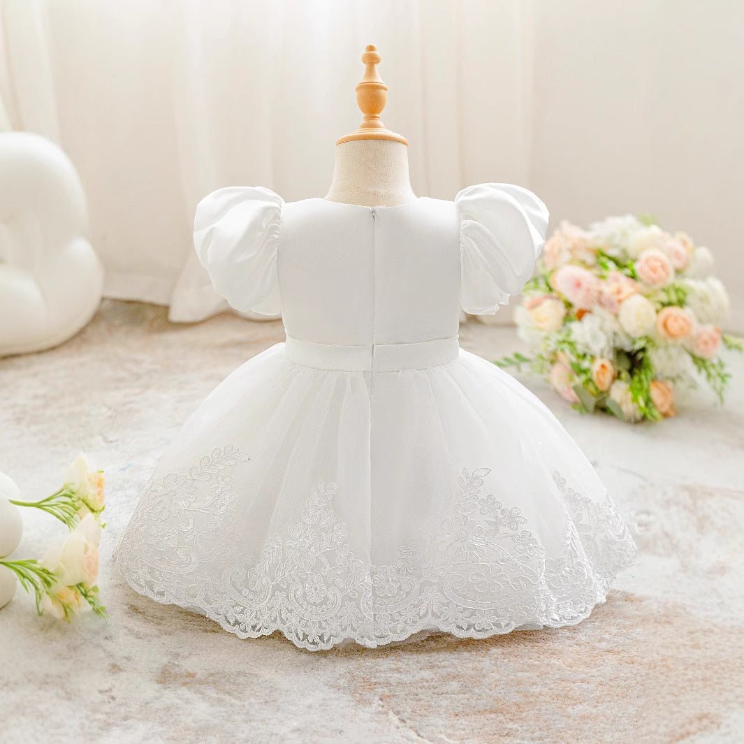 Cute Puffy Ball Gown Dress for Baby Girls – White Lace Tea-Length Party Dress