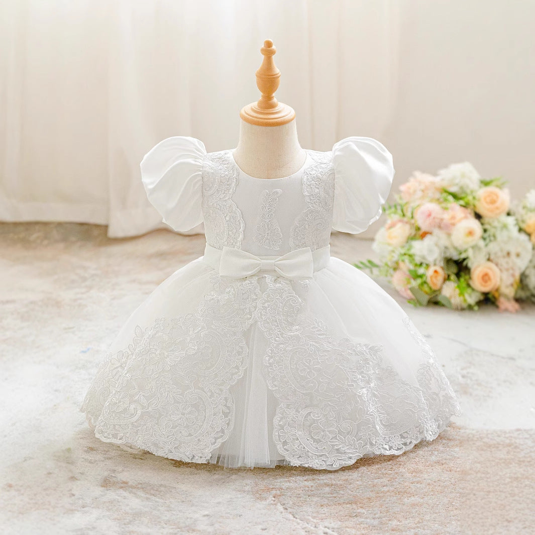 Cute Puffy Ball Gown Dress for Baby Girls – White Lace Tea-Length Party Dress