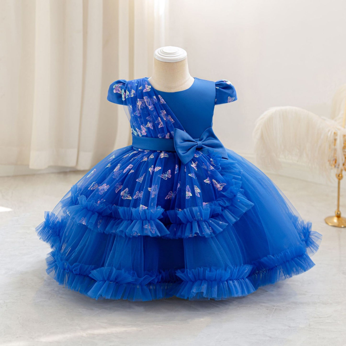 Puffy Mesh Ball Gown Dress with Bow – Toddler Girl Tea Length Party Dress