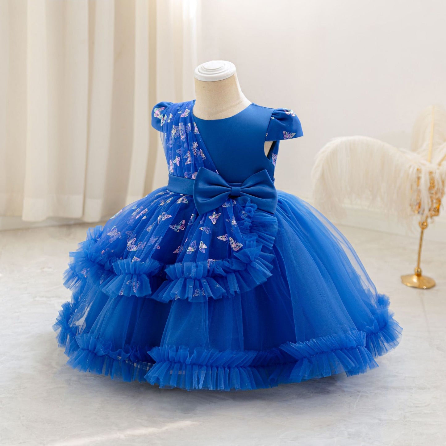 Puffy Mesh Ball Gown Dress with Bow – Toddler Girl Tea Length Party Dress