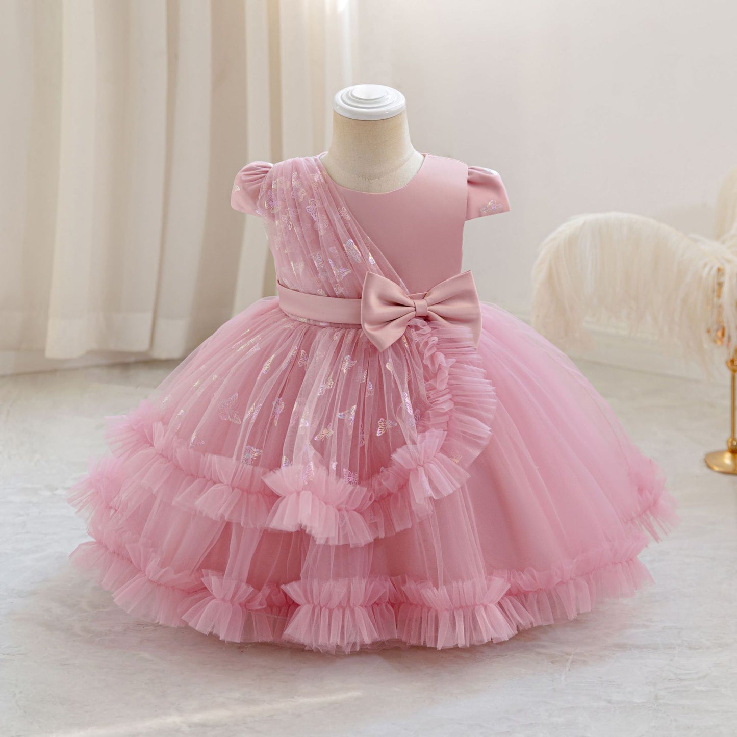 Puffy Mesh Ball Gown Dress with Bow – Toddler Girl Tea Length Party Dress