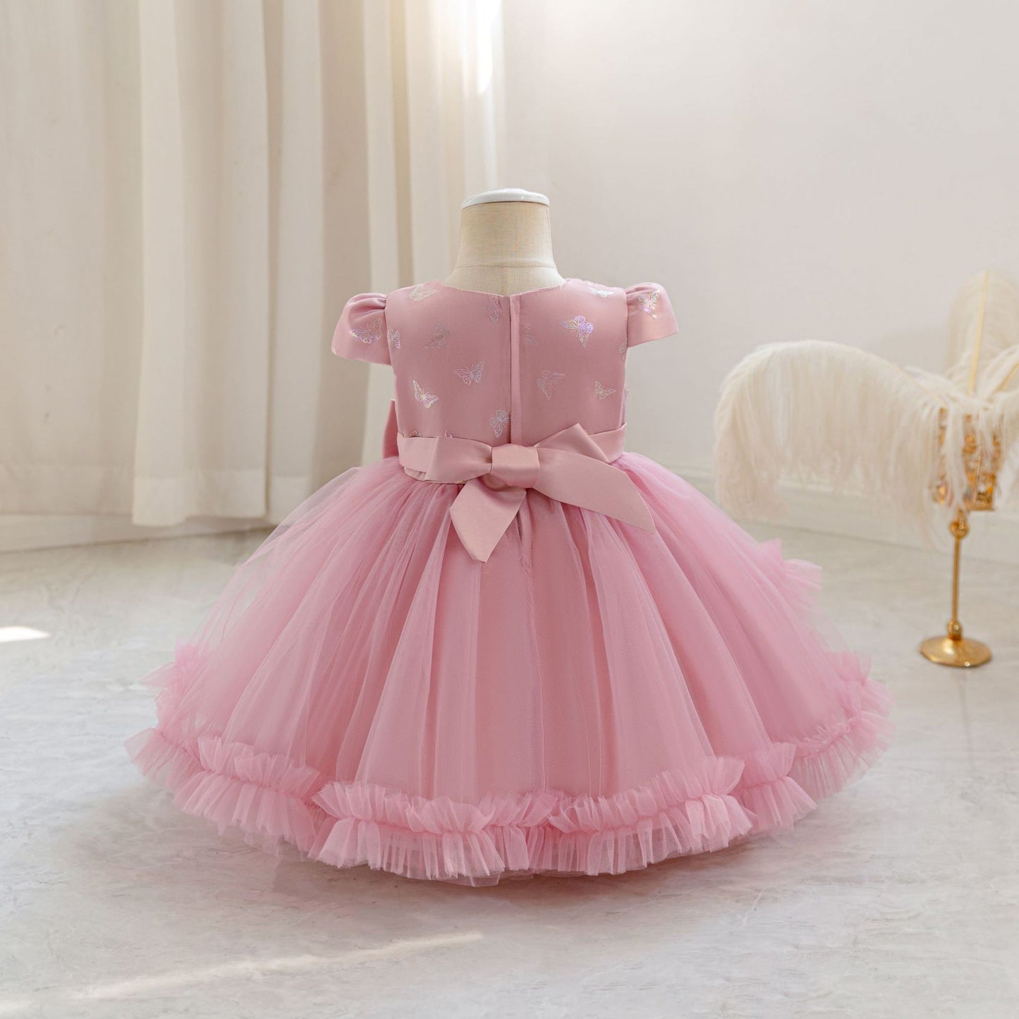 Puffy Mesh Ball Gown Dress with Bow – Toddler Girl Tea Length Party Dress
