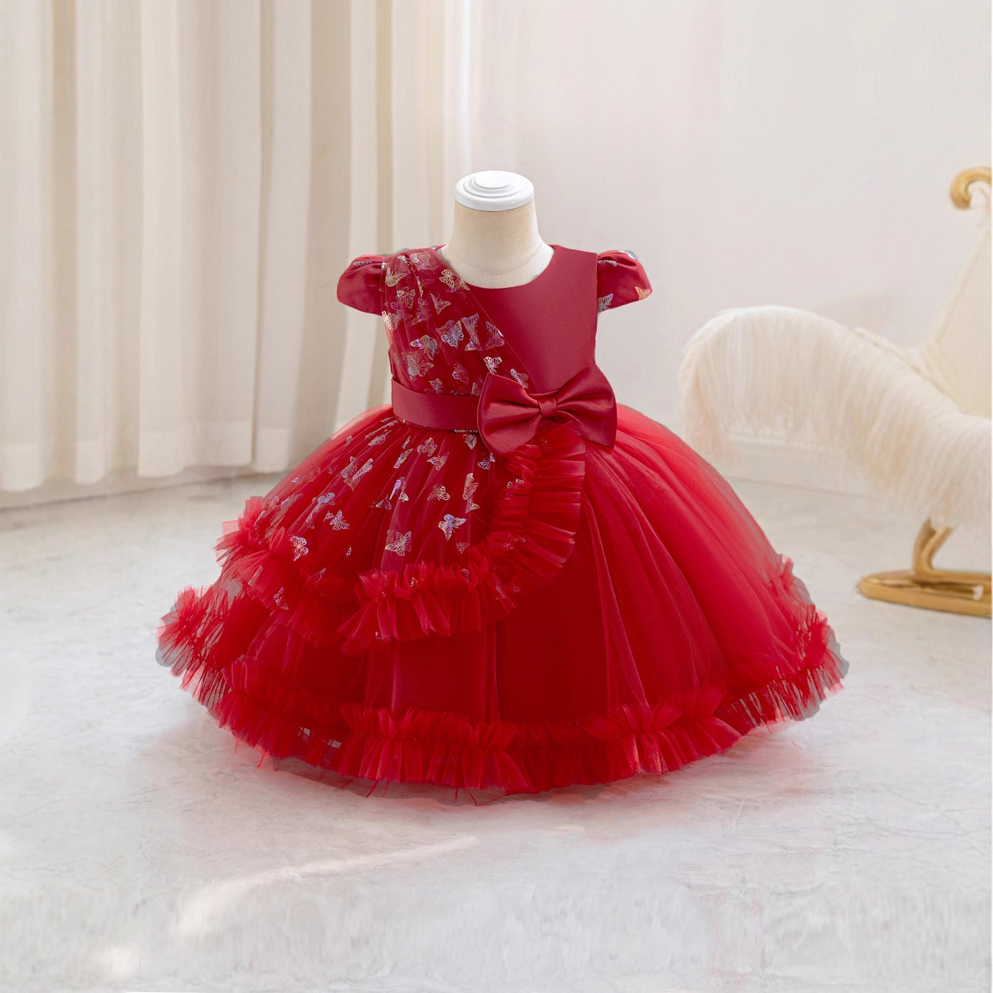 Puffy Mesh Ball Gown Dress with Bow – Toddler Girl Tea Length Party Dress