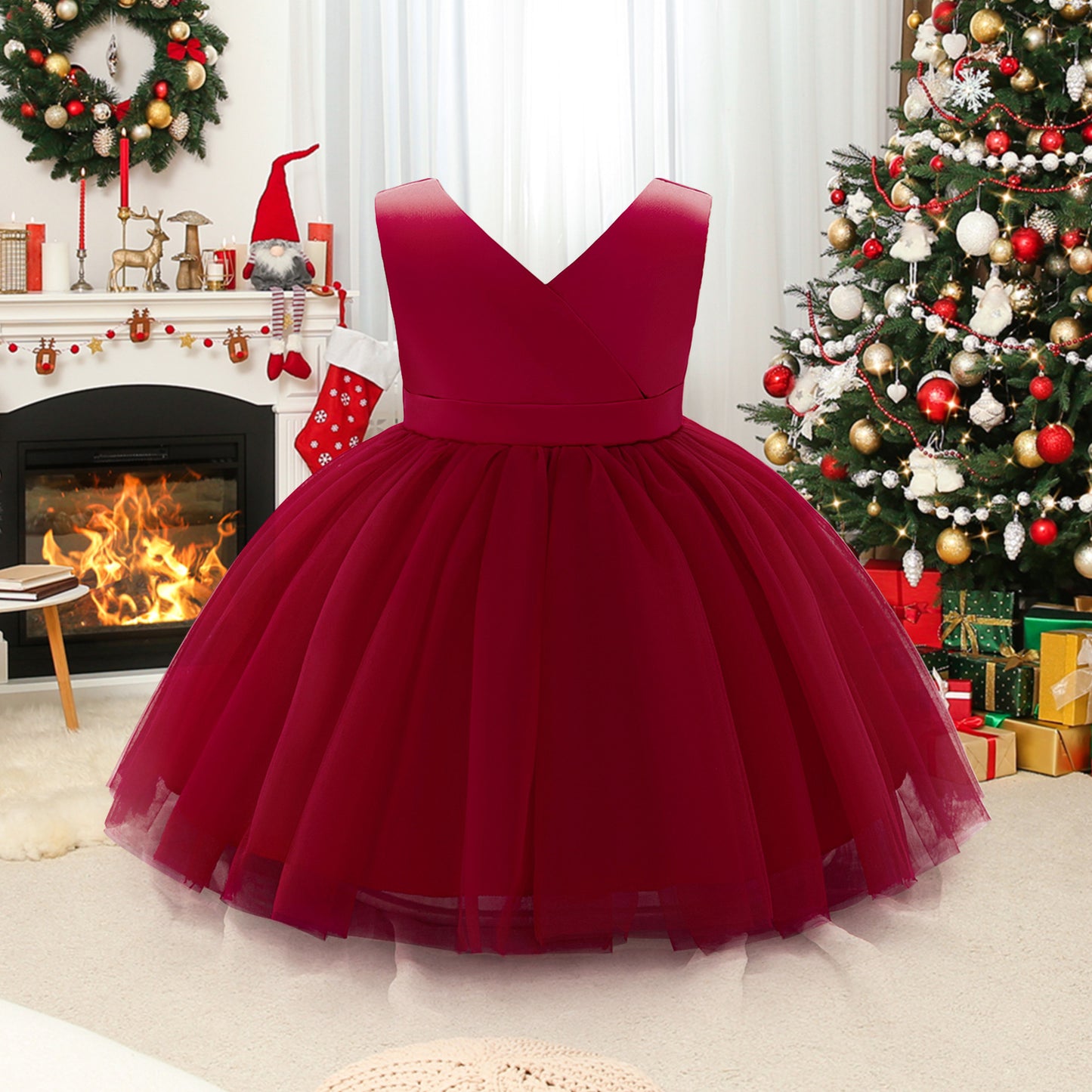 Puffy Ball Gown Princess Dress for Girls - Tea Length Satin Tulle Party Dress