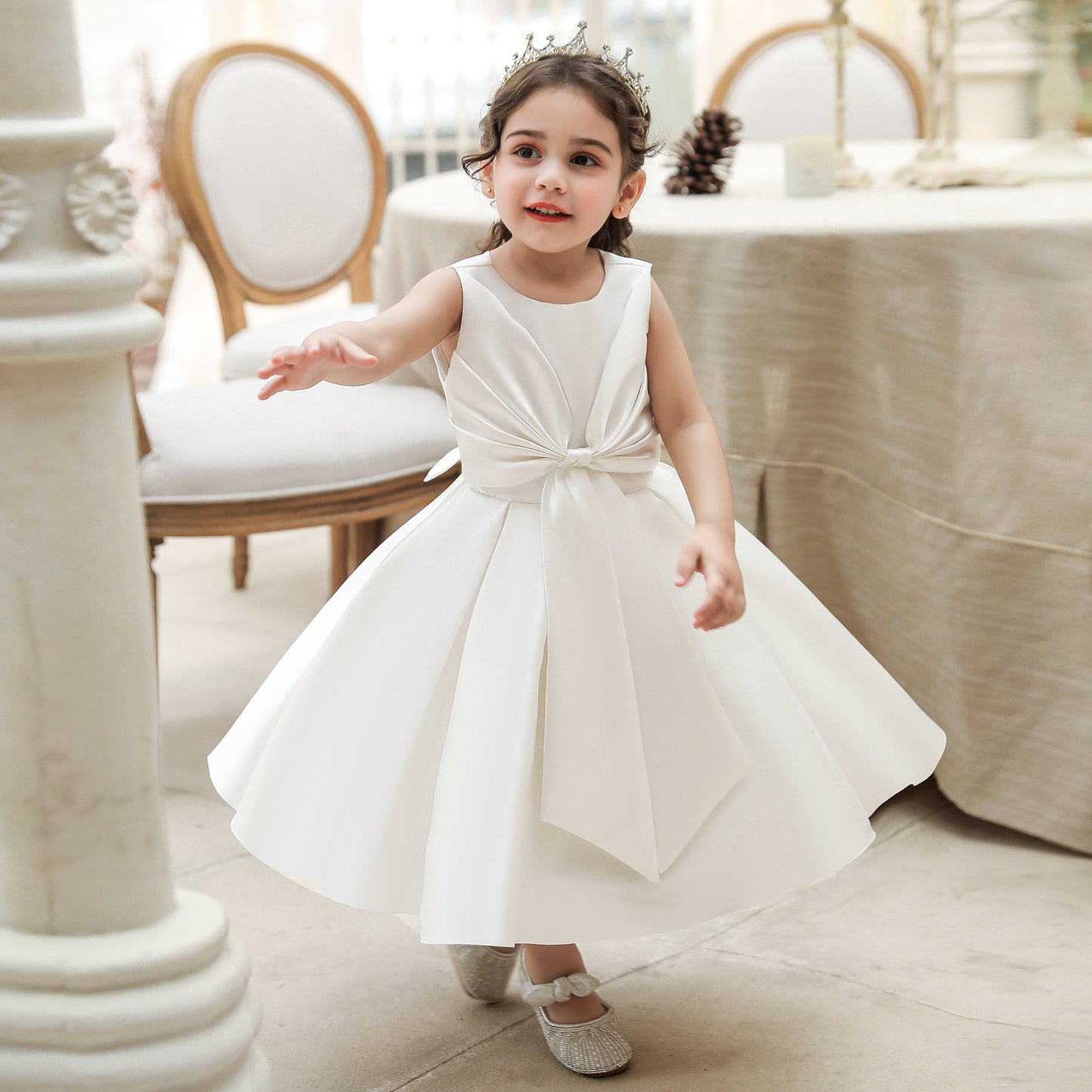 Adorable Puffy Satin Ball Gown for Baby Girls – Ruffle Frill Tea Length Party Dress