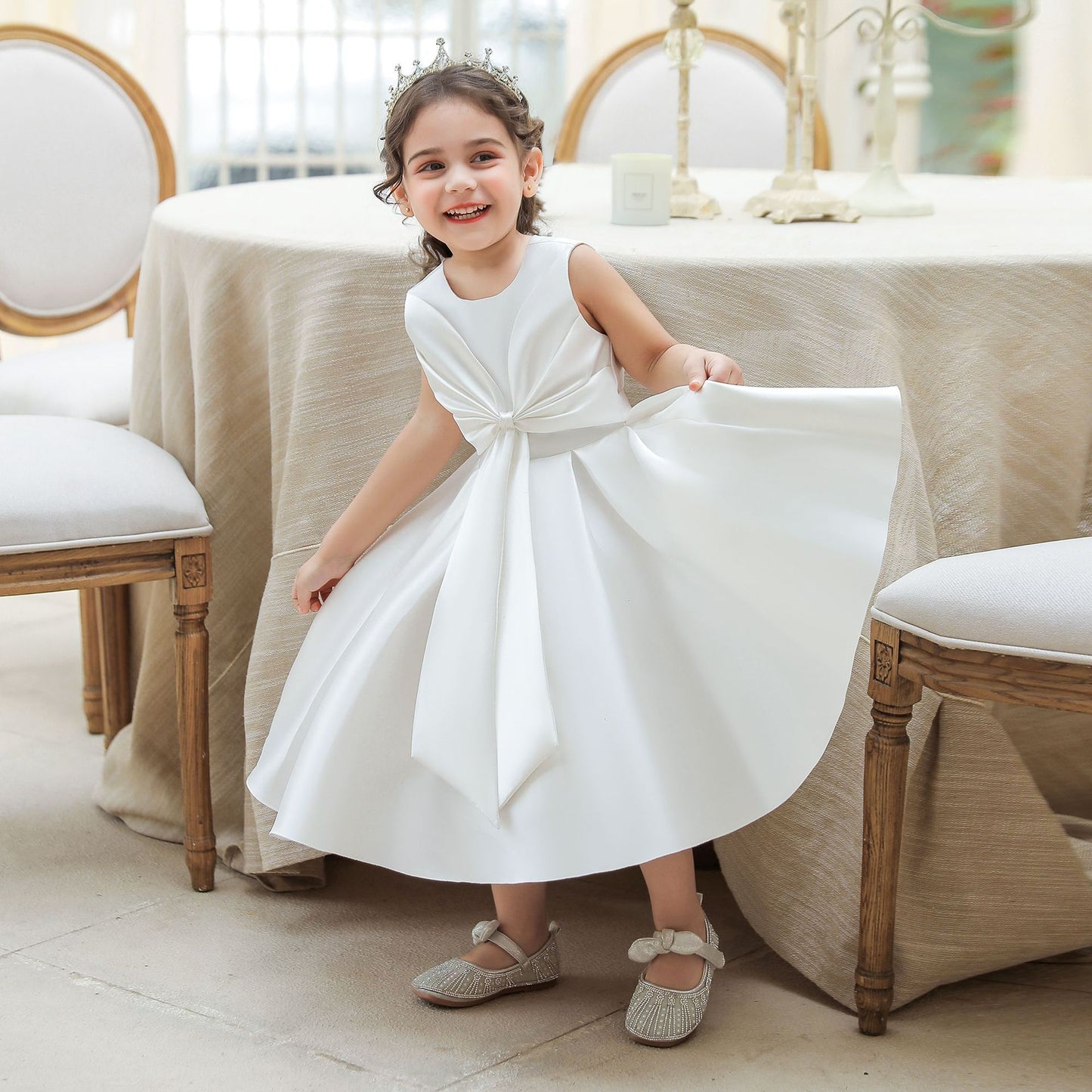 Adorable Puffy Satin Ball Gown for Baby Girls – Ruffle Frill Tea Length Party Dress