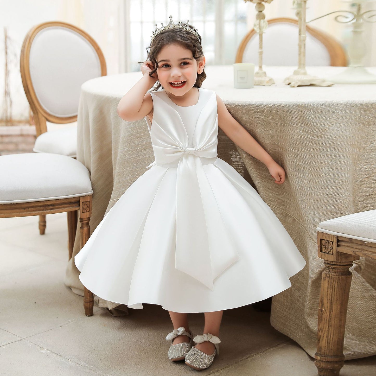 Adorable Puffy Satin Ball Gown for Baby Girls – Ruffle Frill Tea Length Party Dress