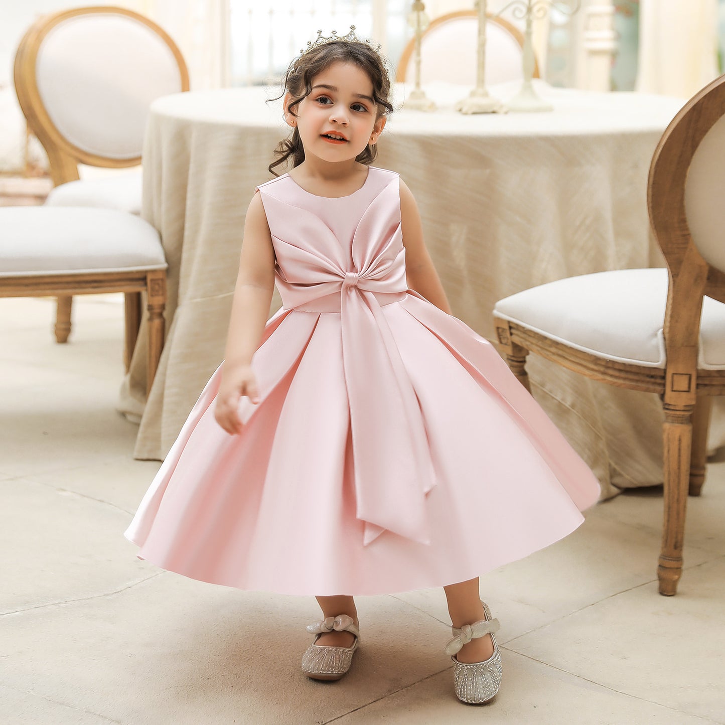 Adorable Puffy Satin Ball Gown for Baby Girls – Ruffle Frill Tea Length Party Dress