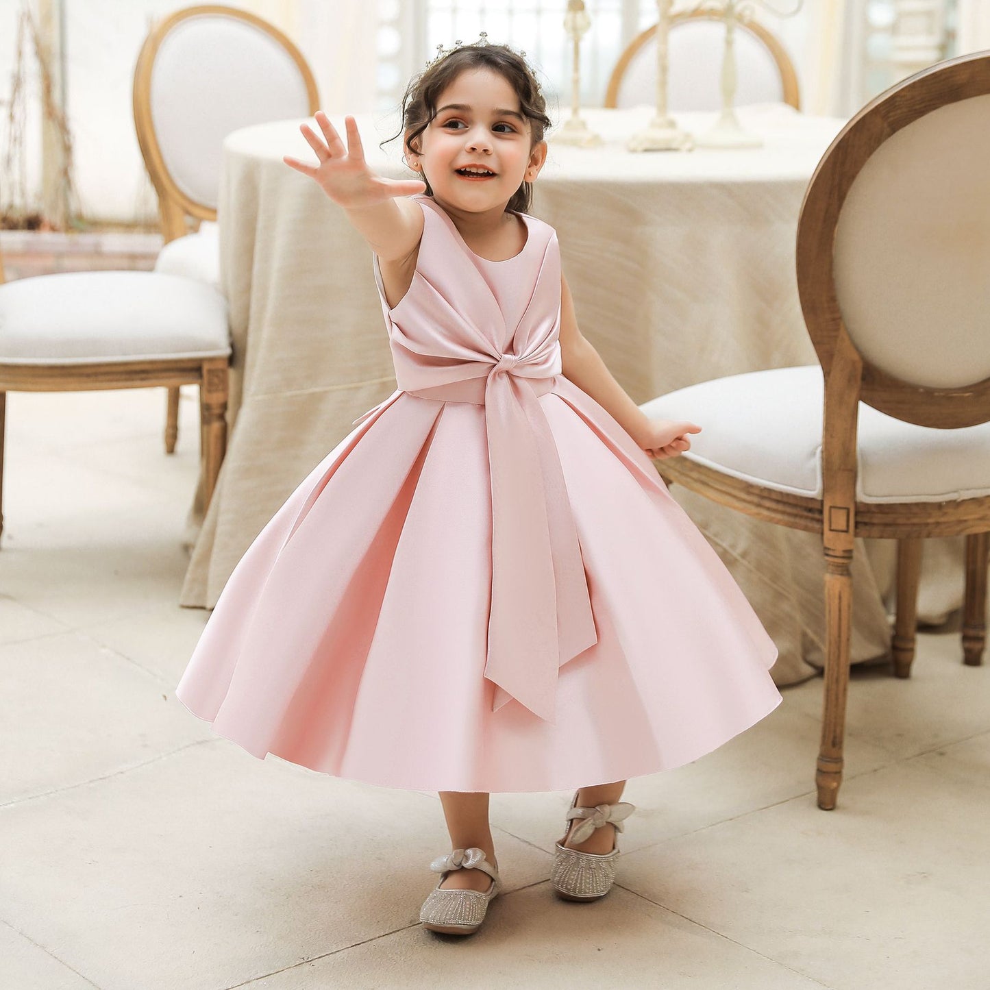 Adorable Puffy Satin Ball Gown for Baby Girls – Ruffle Frill Tea Length Party Dress