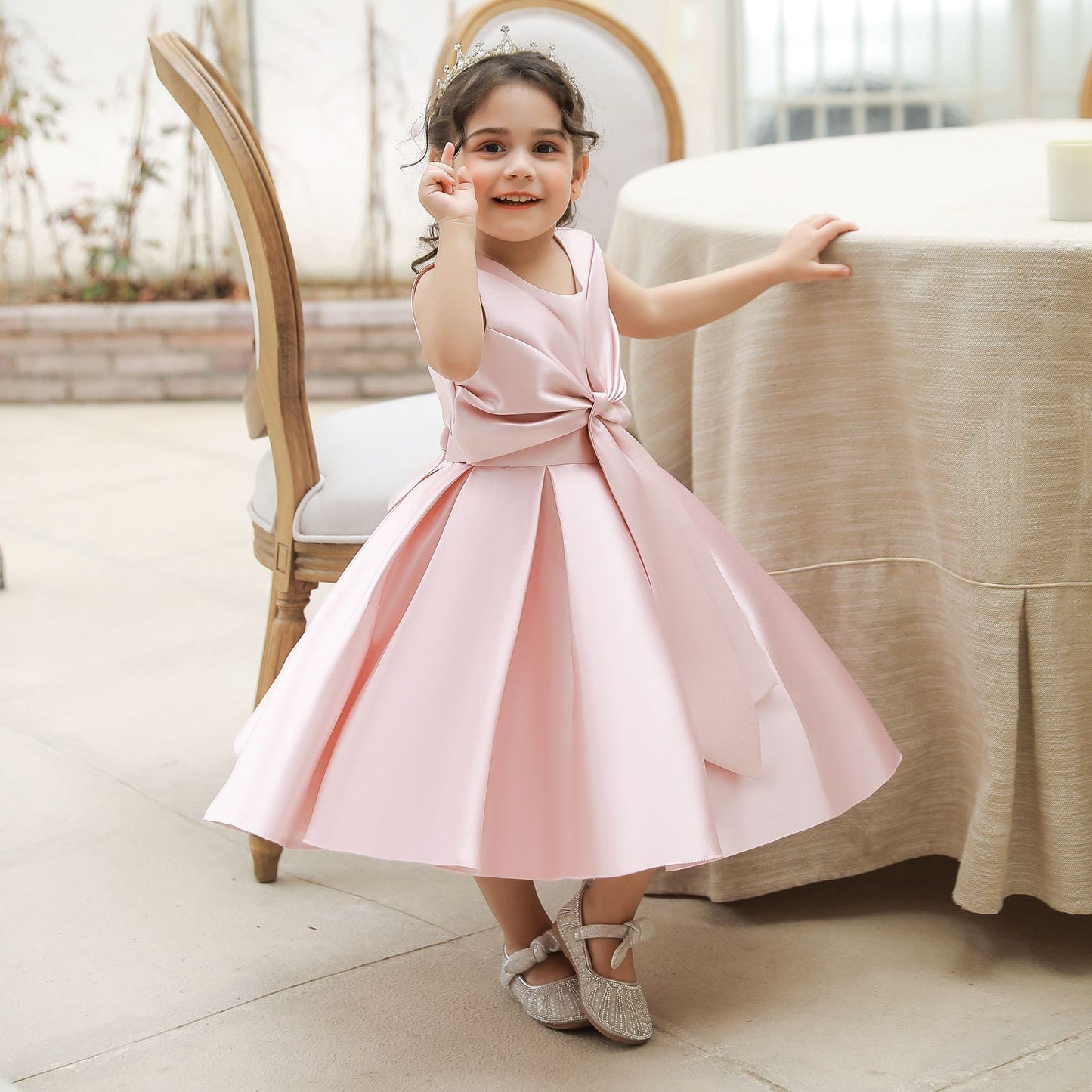 Adorable Puffy Satin Ball Gown for Baby Girls – Ruffle Frill Tea Length Party Dress