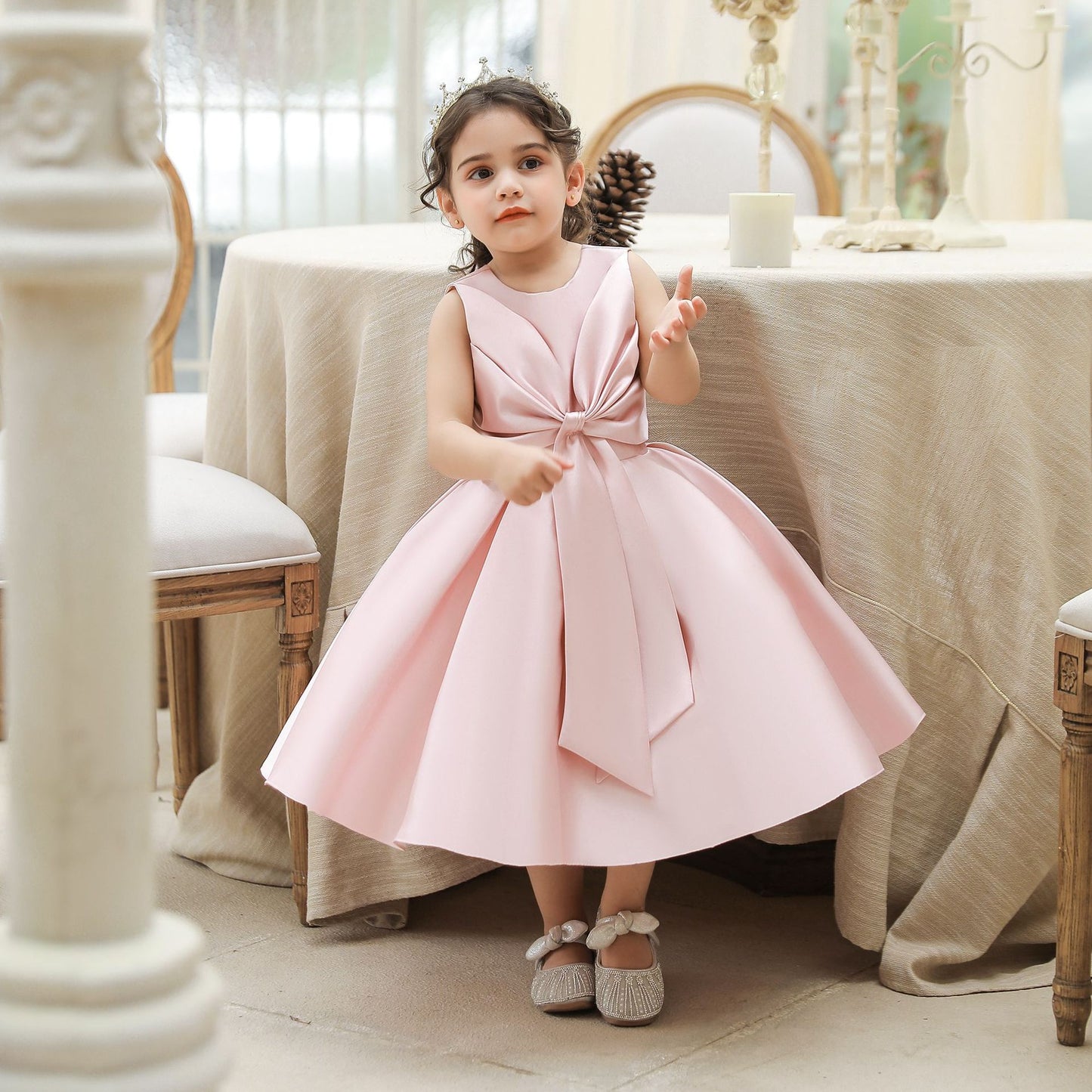 Adorable Puffy Satin Ball Gown for Baby Girls – Ruffle Frill Tea Length Party Dress
