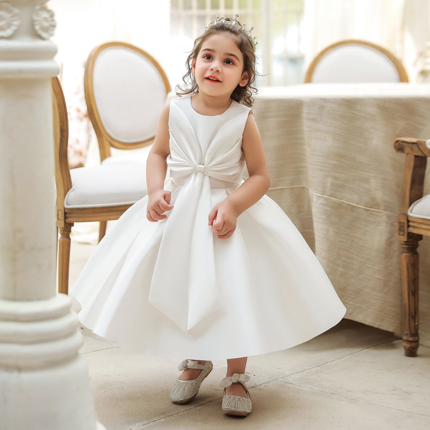 Adorable Puffy Satin Ball Gown for Baby Girls – Ruffle Frill Tea Length Party Dress