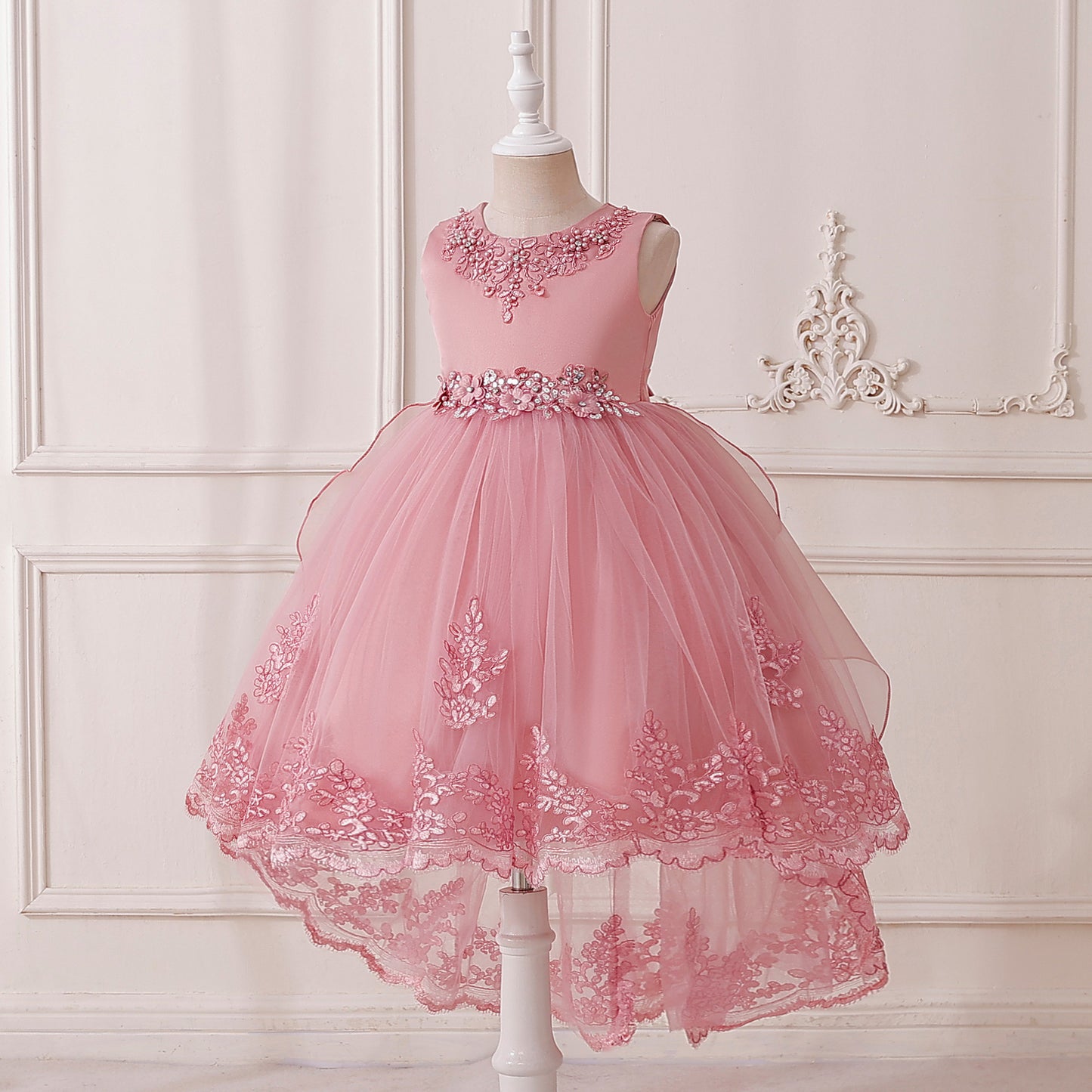 Puffy High-Low Tulle Princess Dress for Girls with Lace and Bow – Party, Wedding & Formal