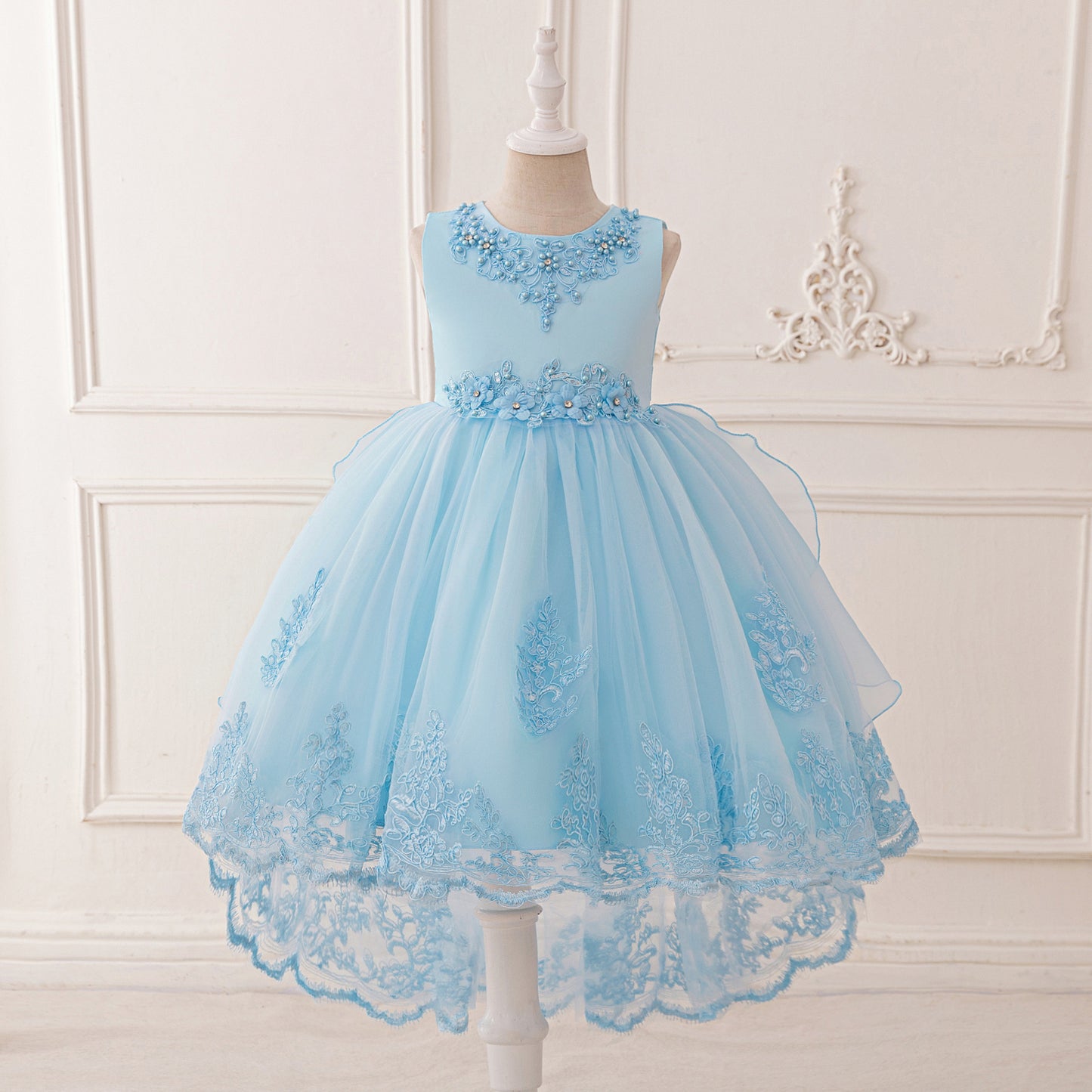 Puffy High-Low Tulle Princess Dress for Girls with Lace and Bow – Party, Wedding & Formal