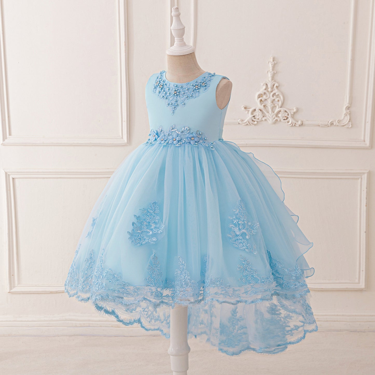Puffy High-Low Tulle Princess Dress for Girls with Lace and Bow – Party, Wedding & Formal