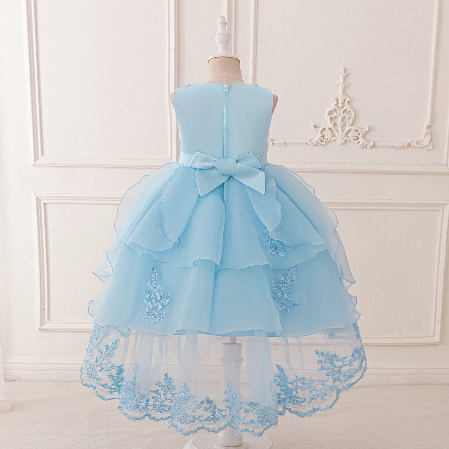Puffy High-Low Tulle Princess Dress for Girls with Lace and Bow – Party, Wedding & Formal