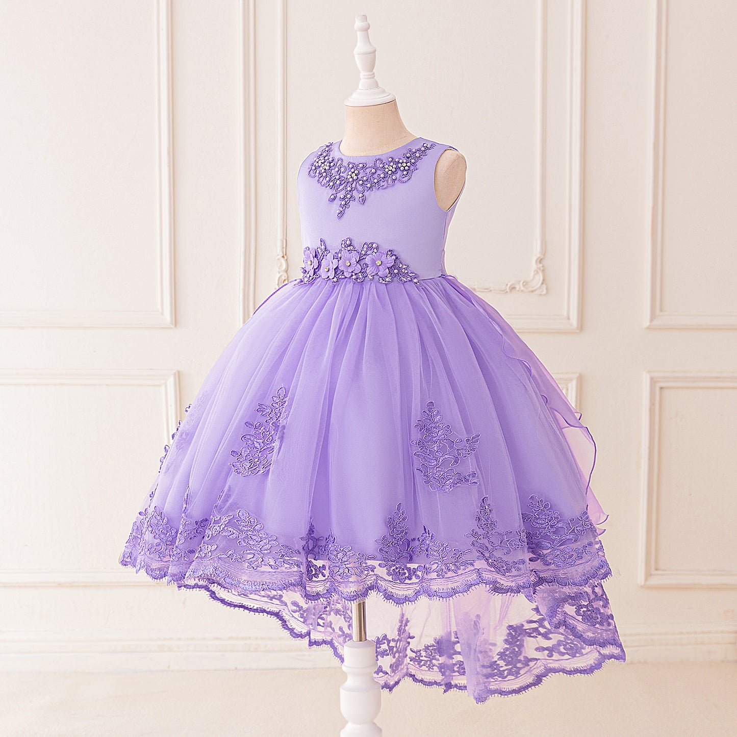 Puffy High-Low Tulle Princess Dress for Girls with Lace and Bow – Party, Wedding & Formal