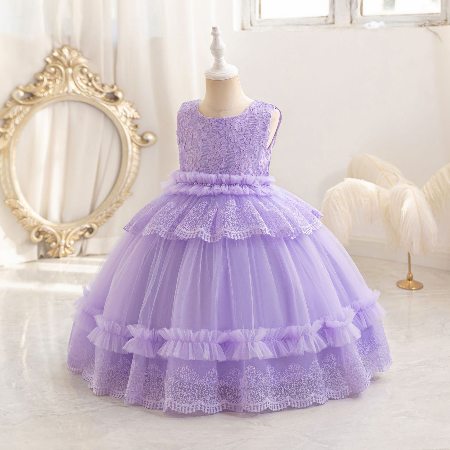 Cute Puffy Lace Ball Gown for Girls | Maxi Flower Girl Dress for Parties & Weddings