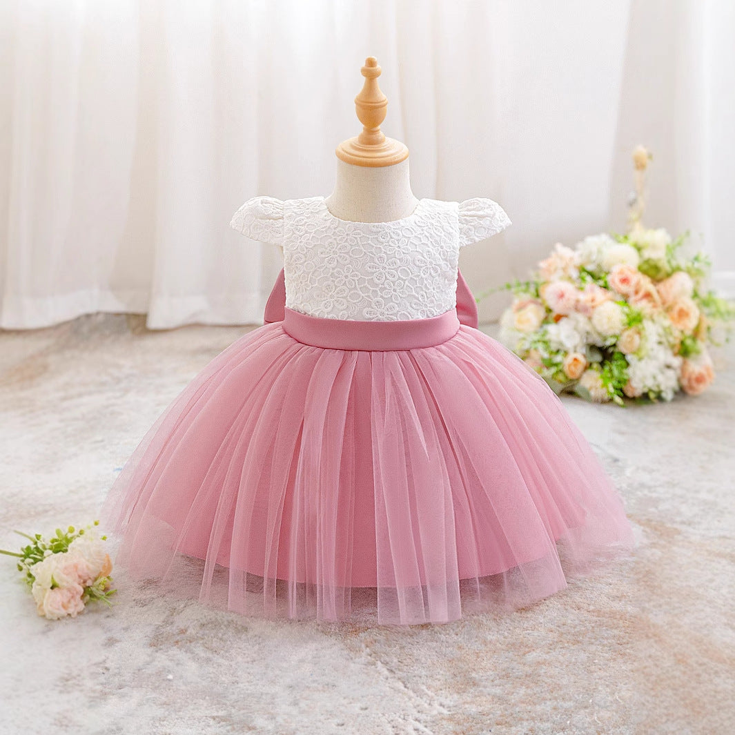 Puffy Pink Princess Dress for Girls with Bowknot – Lace & Tulle Ball Gown