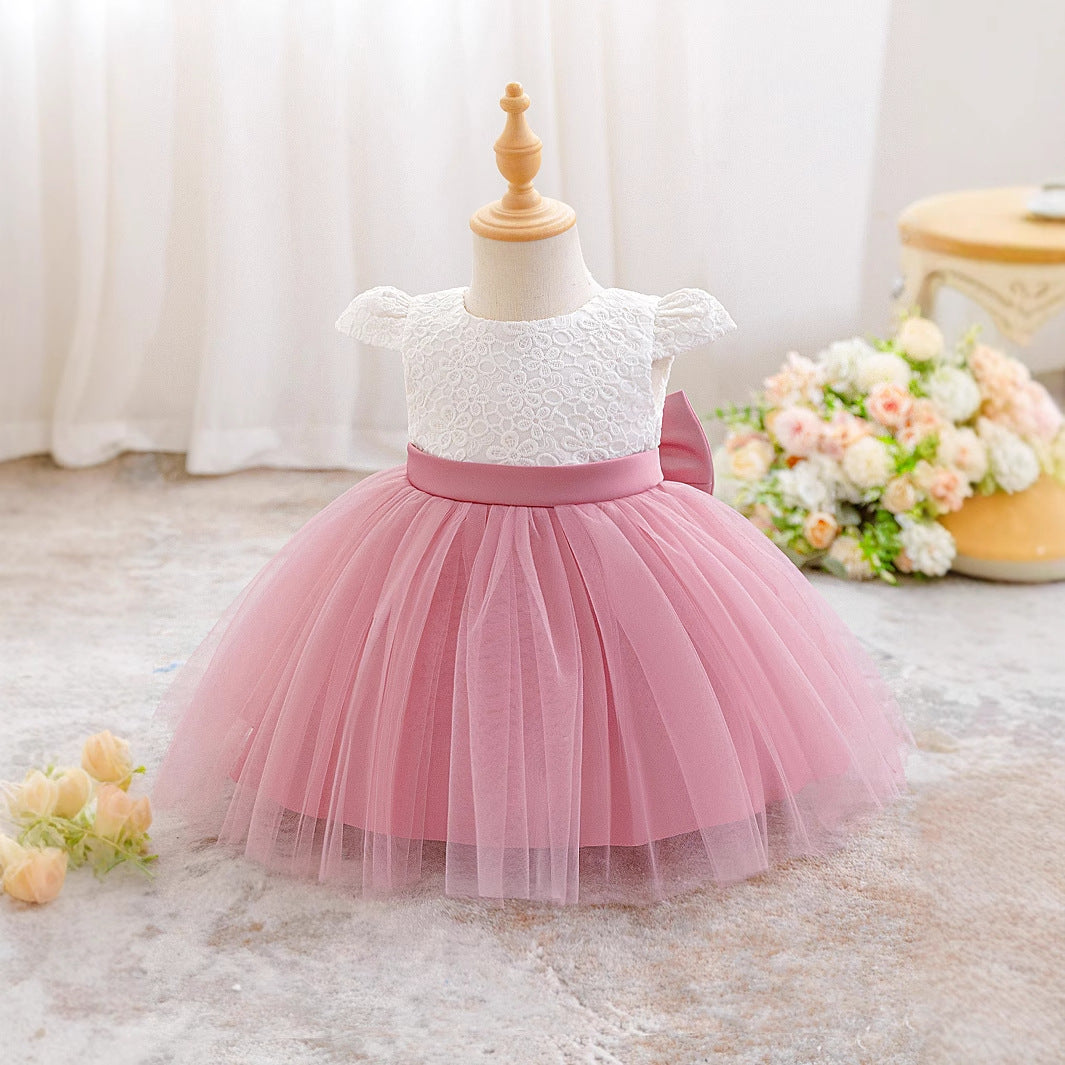Puffy Pink Princess Dress for Girls with Bowknot – Lace & Tulle Ball Gown