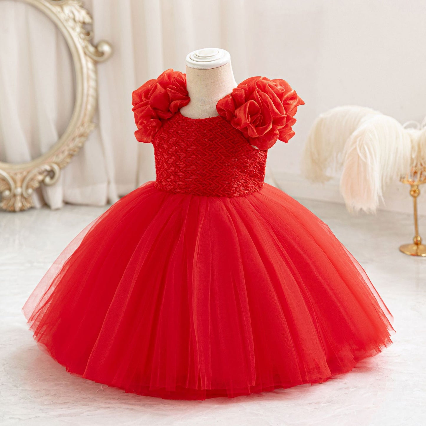 Cute Puffy Mesh Ball Gown Dress for Baby Girls | Tea Length Princess Frock