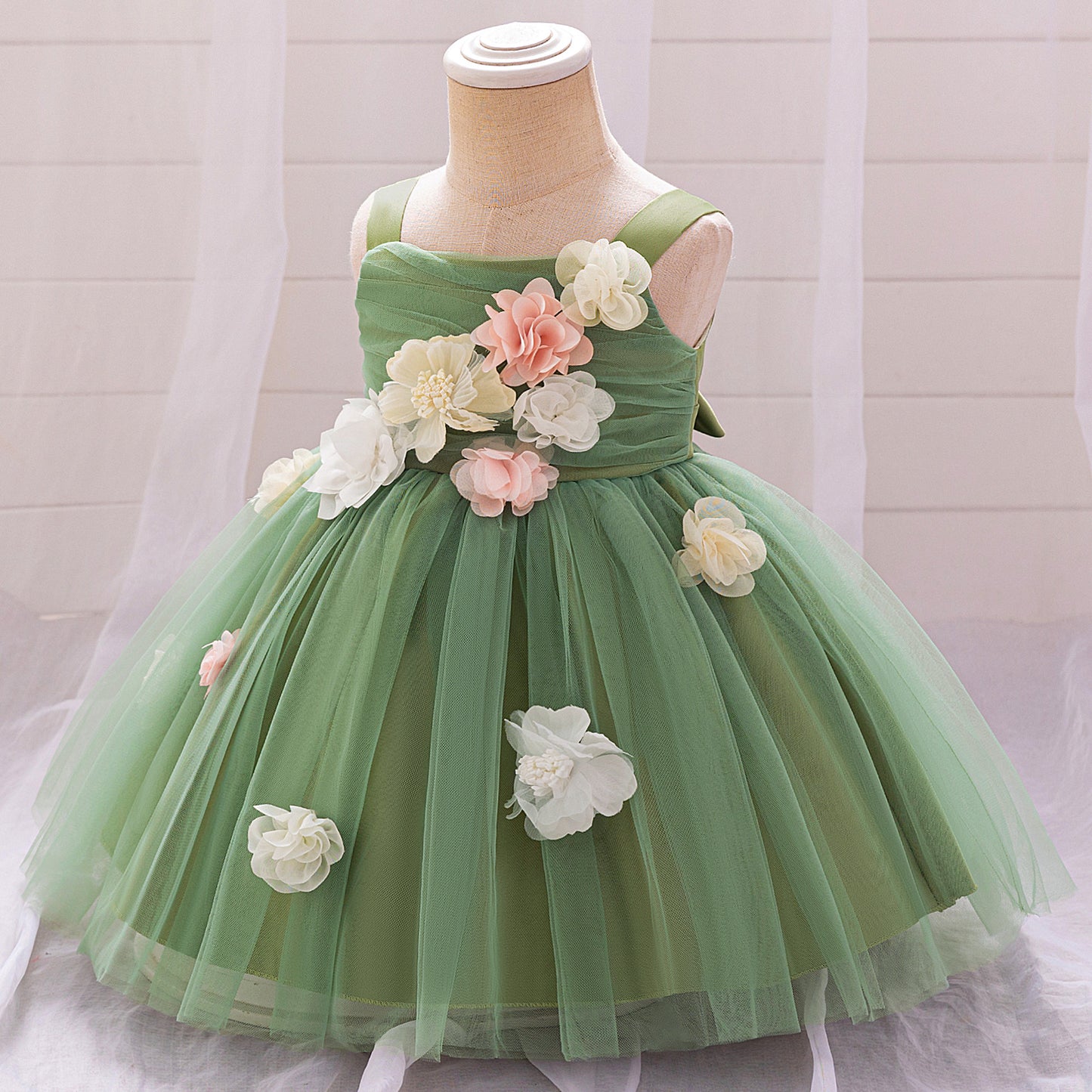 Puffy Mesh Off Shoulder Flower Girl Dress – Cute Applique Tea Length Gown for Toddlers