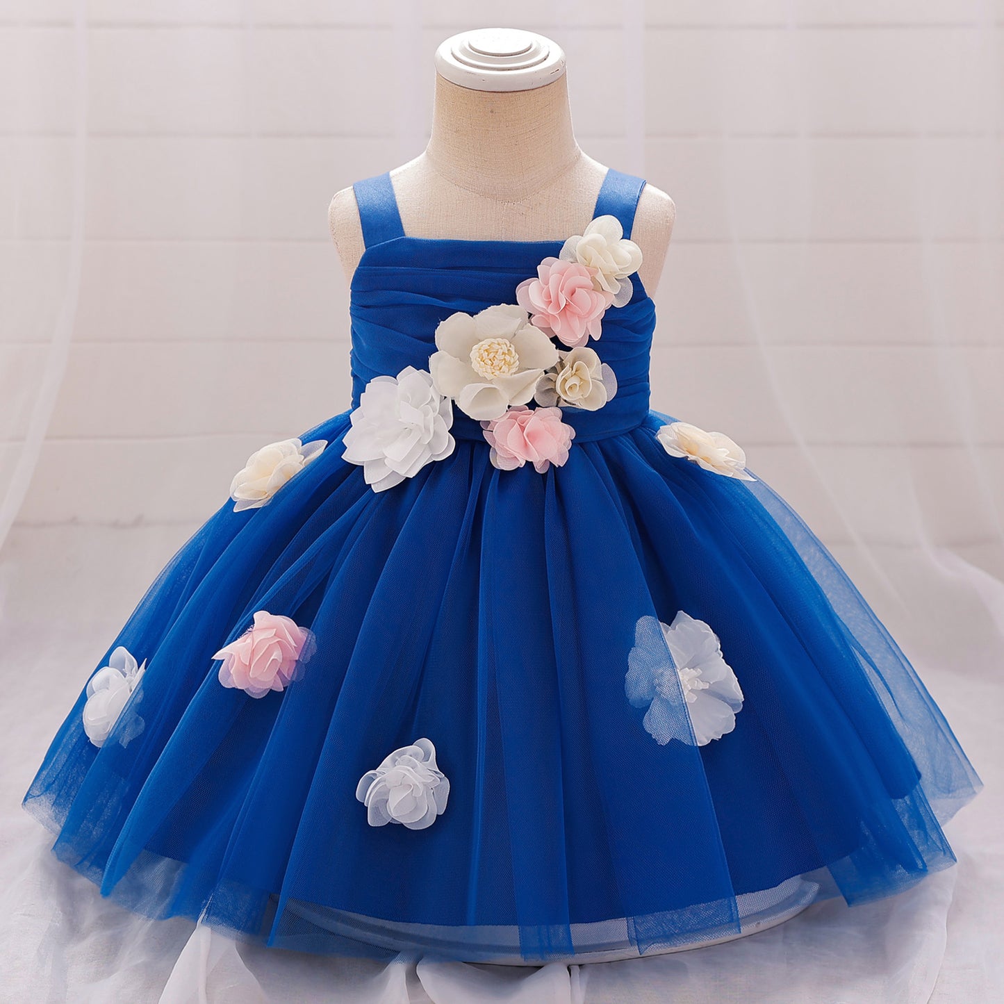 Puffy Mesh Off Shoulder Flower Girl Dress – Cute Applique Tea Length Gown for Toddlers