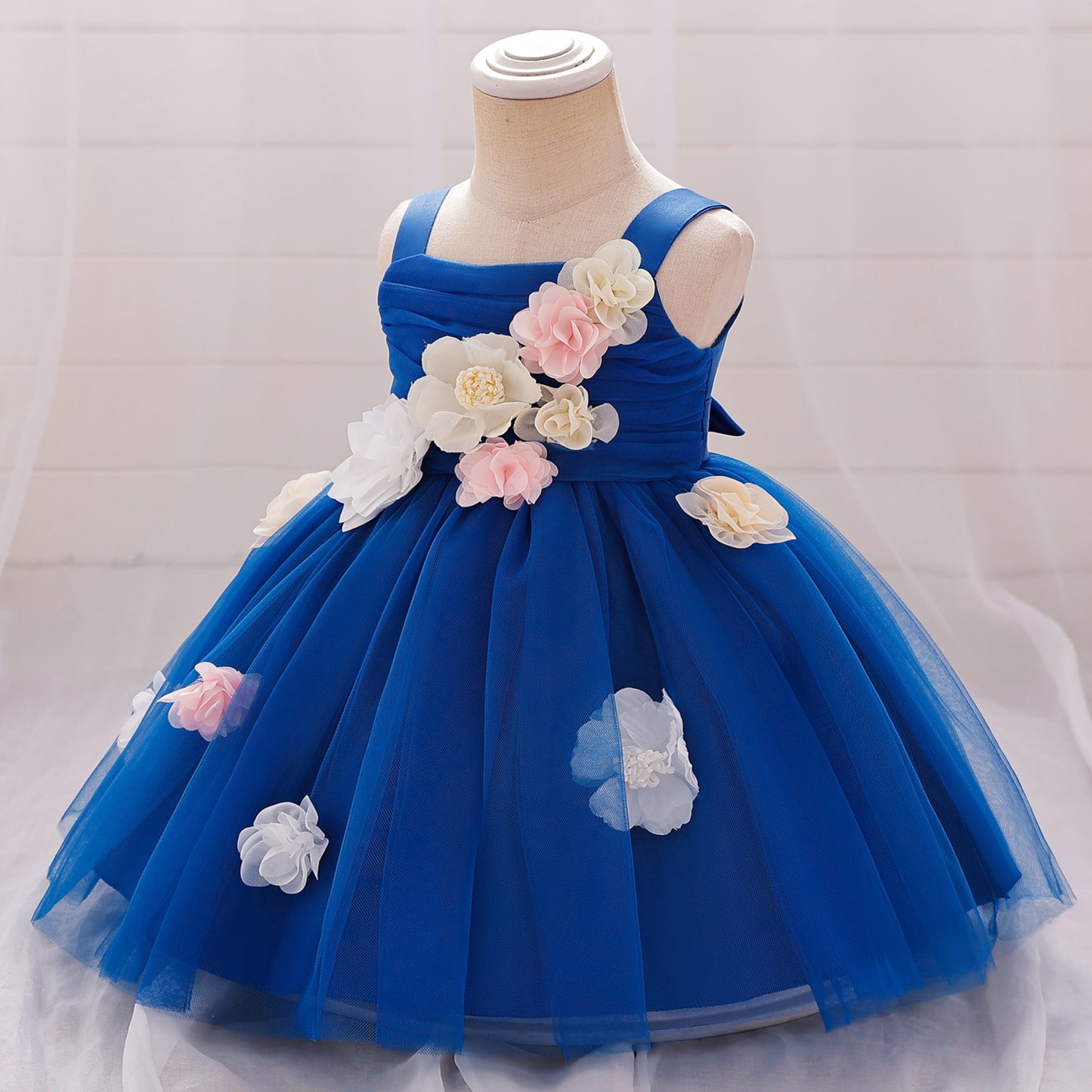 Puffy Mesh Off Shoulder Flower Girl Dress – Cute Applique Tea Length Gown for Toddlers