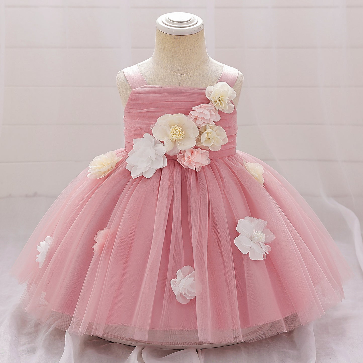 Puffy Mesh Off Shoulder Flower Girl Dress – Cute Applique Tea Length Gown for Toddlers