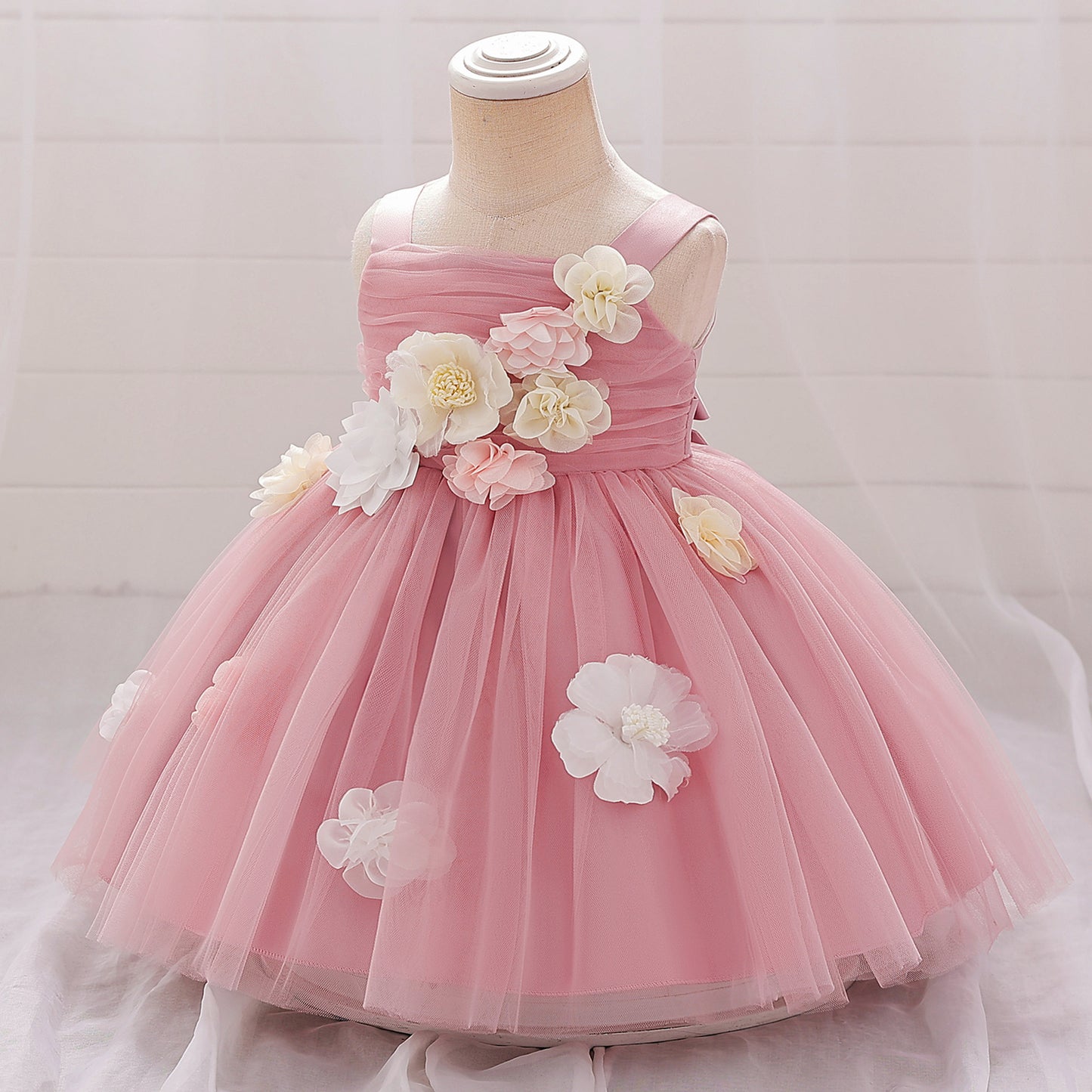 Puffy Mesh Off Shoulder Flower Girl Dress – Cute Applique Tea Length Gown for Toddlers