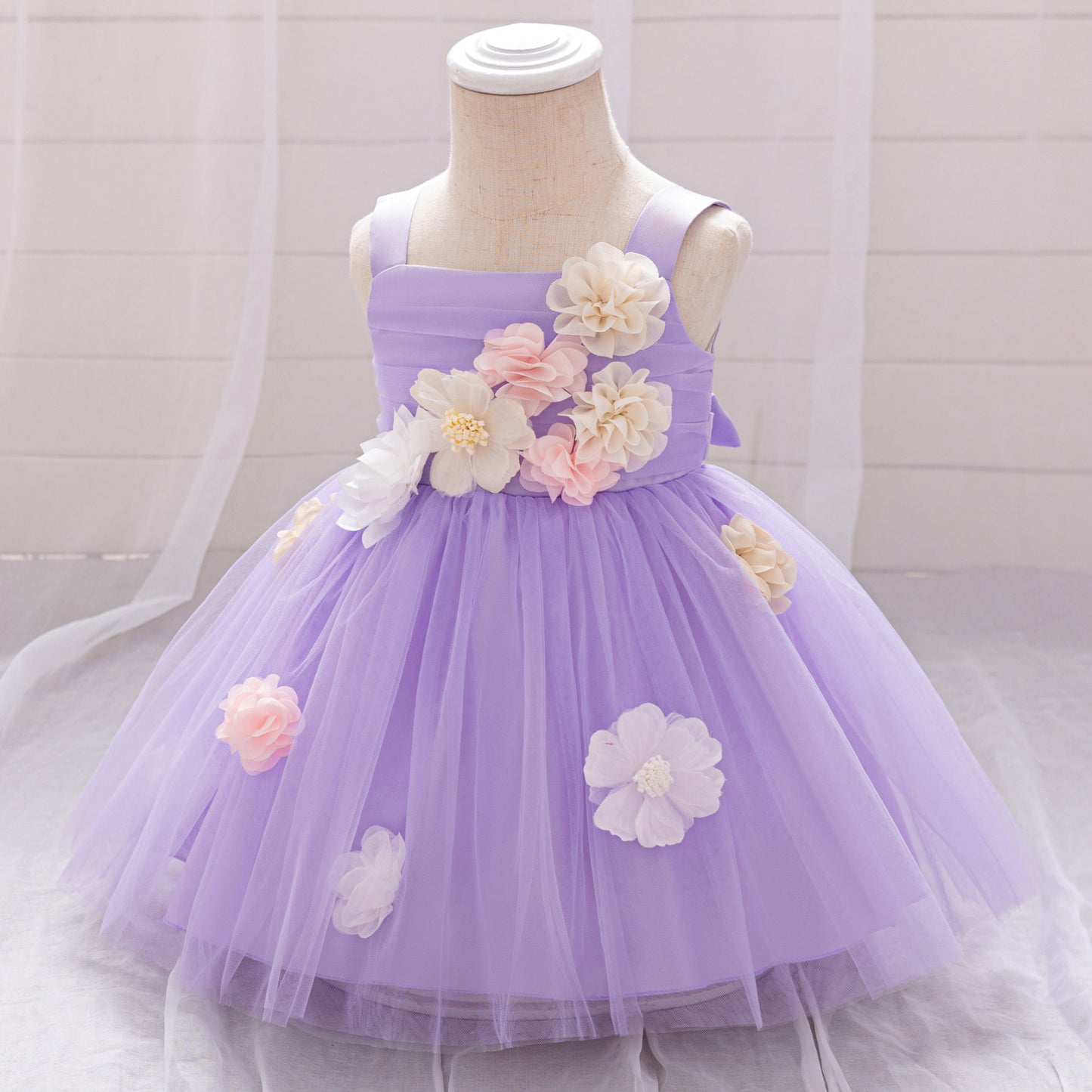 Puffy Mesh Off Shoulder Flower Girl Dress – Cute Applique Tea Length Gown for Toddlers