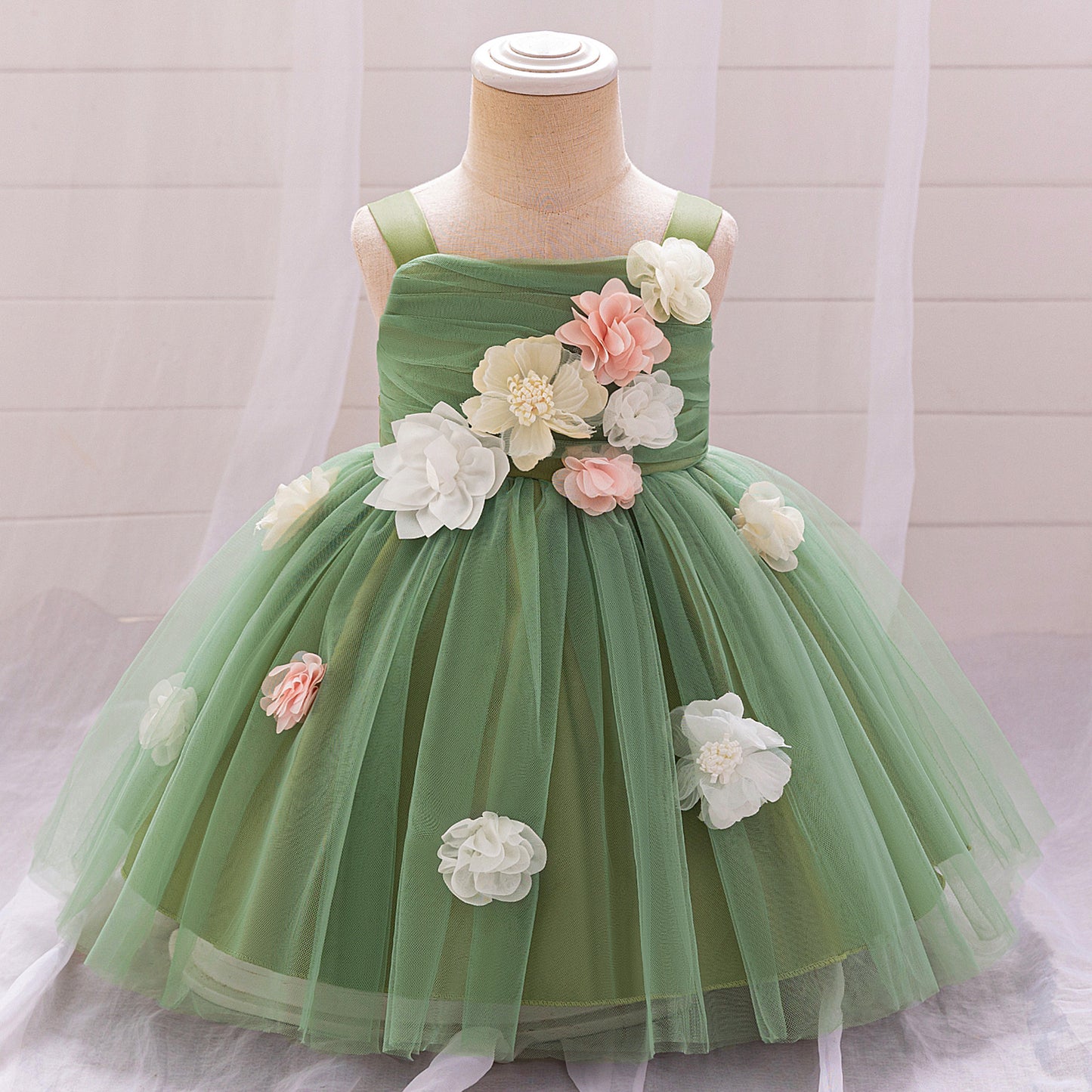 Puffy Mesh Off Shoulder Flower Girl Dress – Cute Applique Tea Length Gown for Toddlers