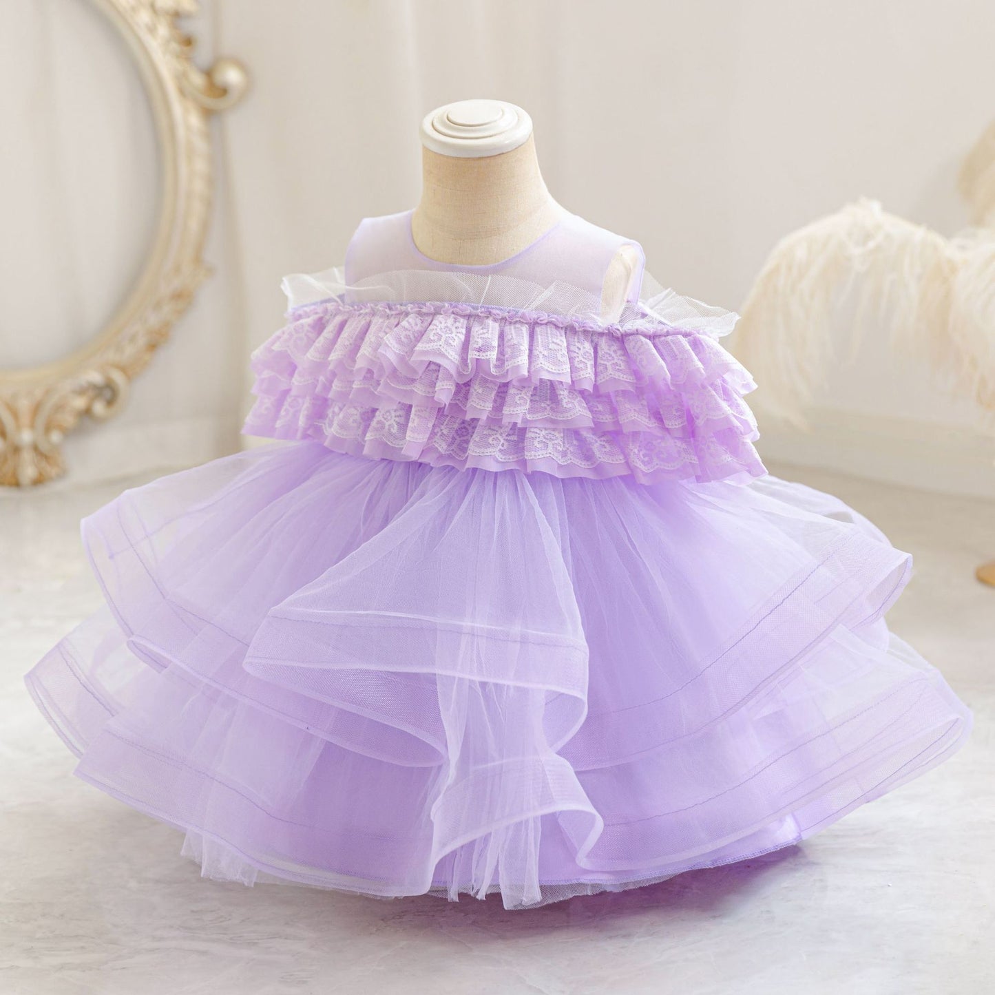 Puffy Off-Shoulder Ball Gown for Girls | Tea Length Mesh Princess Dress