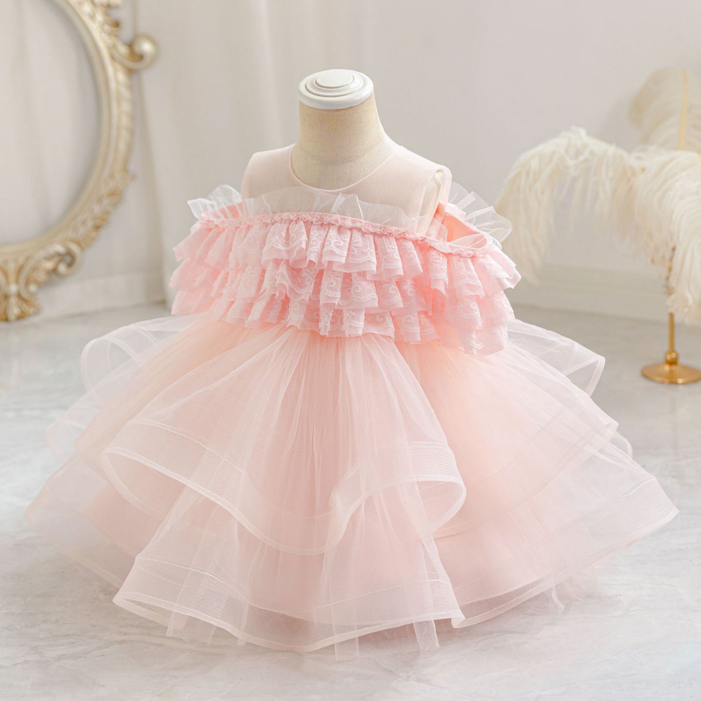 Puffy Off-Shoulder Ball Gown for Girls | Tea Length Mesh Princess Dress