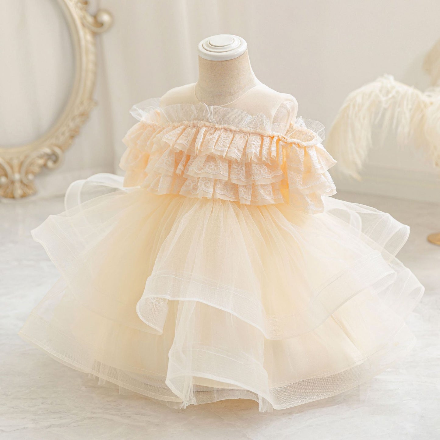 Puffy Off-Shoulder Ball Gown for Girls | Tea Length Mesh Princess Dress