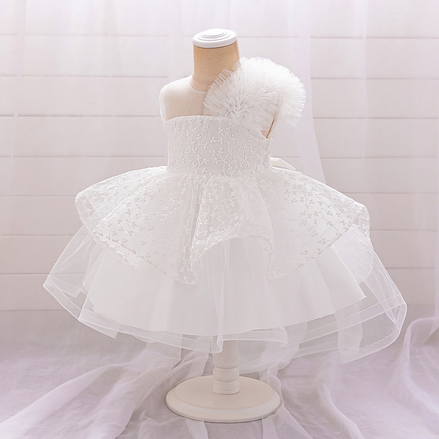 Puffy Off-Shoulder Tulle Princess Dress for Baby Girls | Embroidered Tea Length Party Gown
