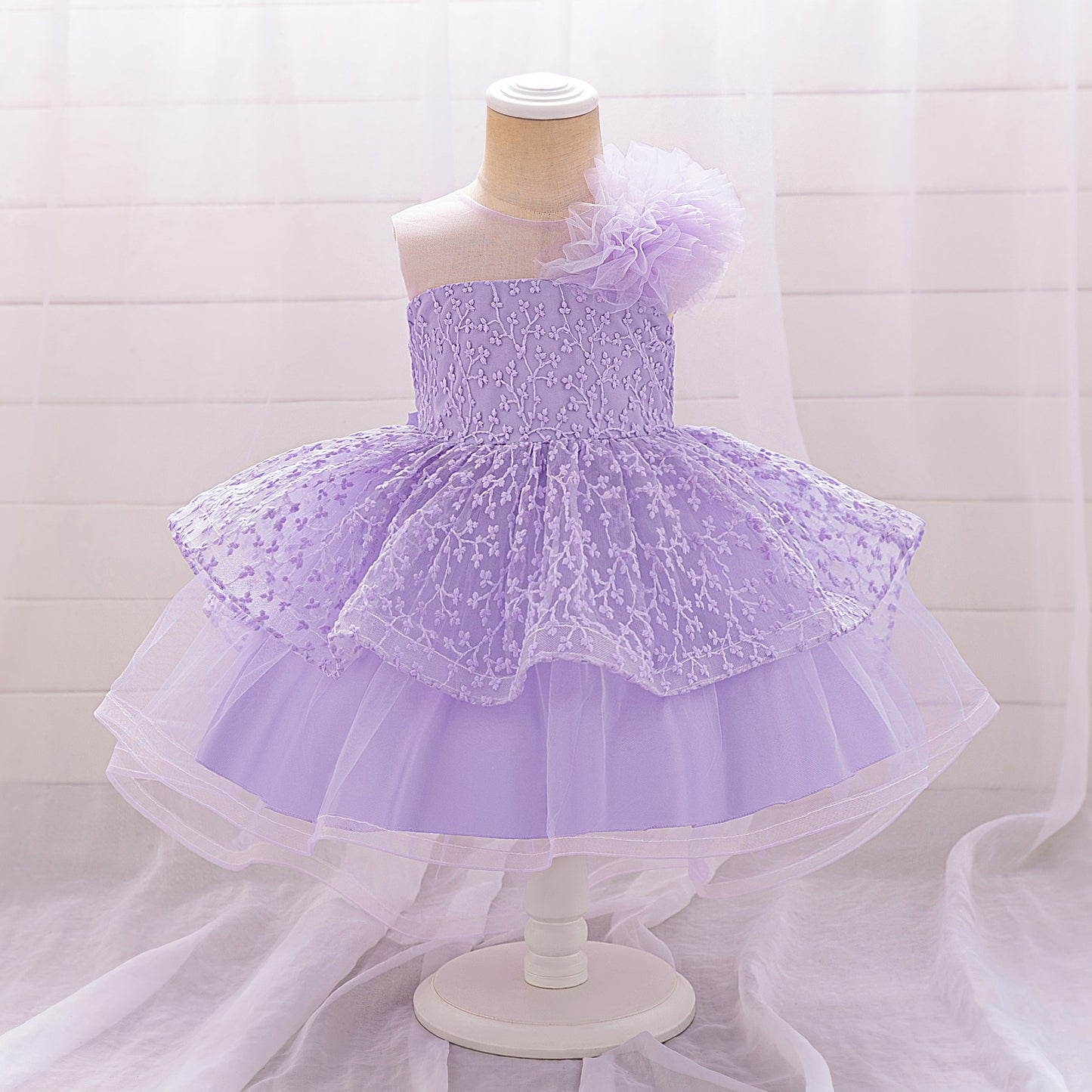 Puffy Off-Shoulder Tulle Princess Dress for Baby Girls | Embroidered Tea Length Party Gown