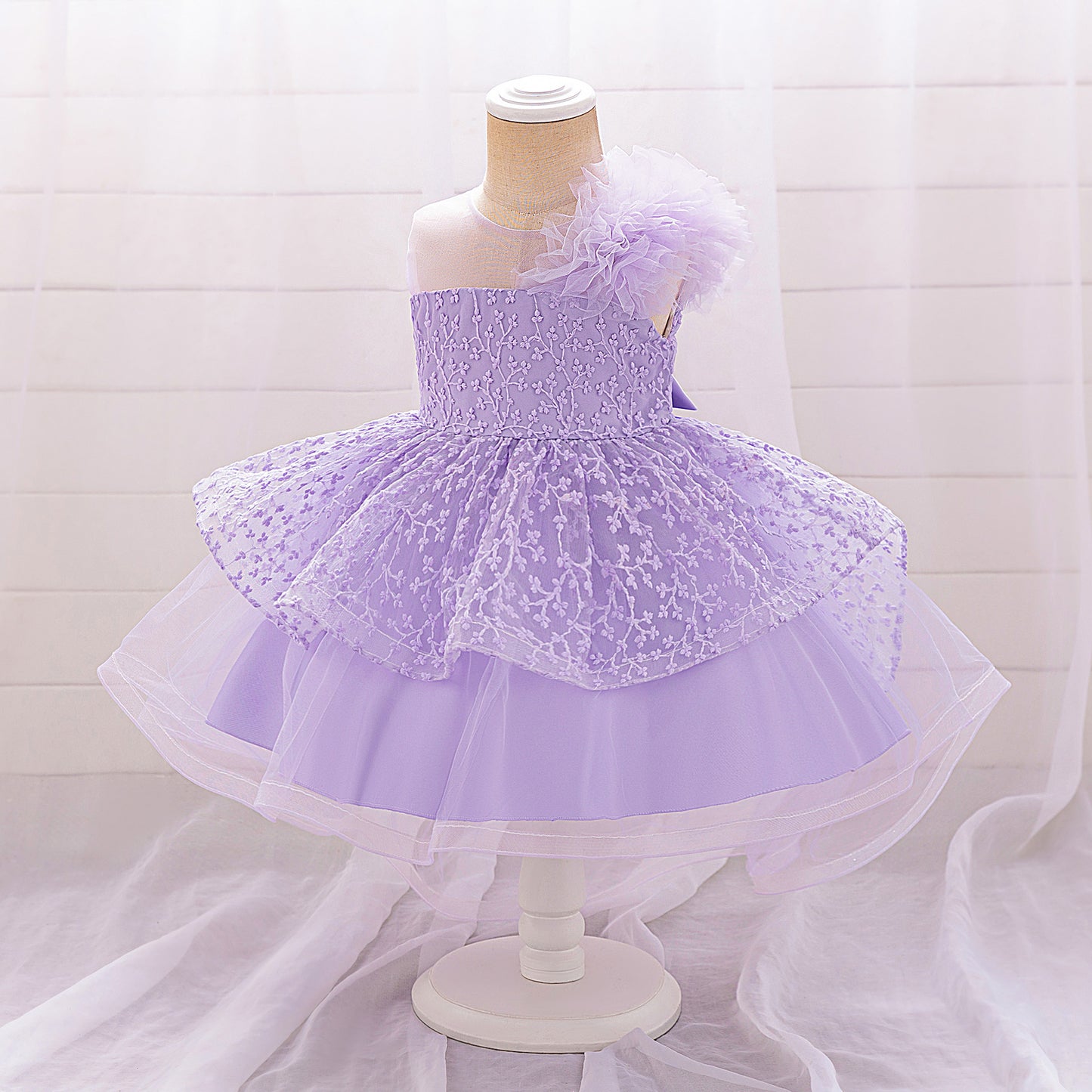 Puffy Off-Shoulder Tulle Princess Dress for Baby Girls | Embroidered Tea Length Party Gown