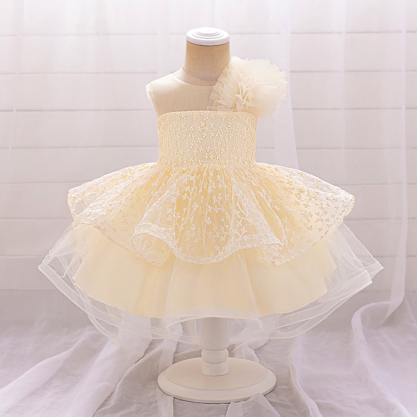 Puffy Off-Shoulder Tulle Princess Dress for Baby Girls | Embroidered Tea Length Party Gown