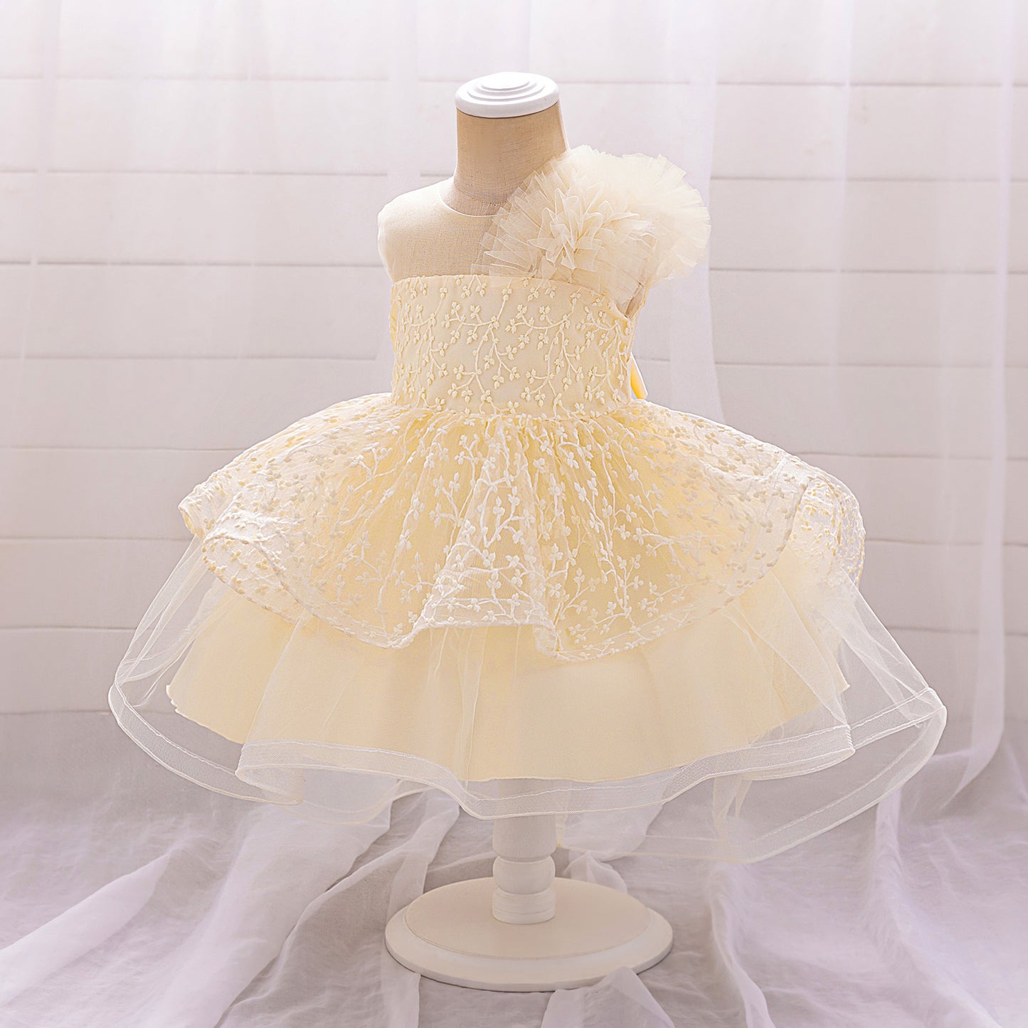 Puffy Off-Shoulder Tulle Princess Dress for Baby Girls | Embroidered Tea Length Party Gown